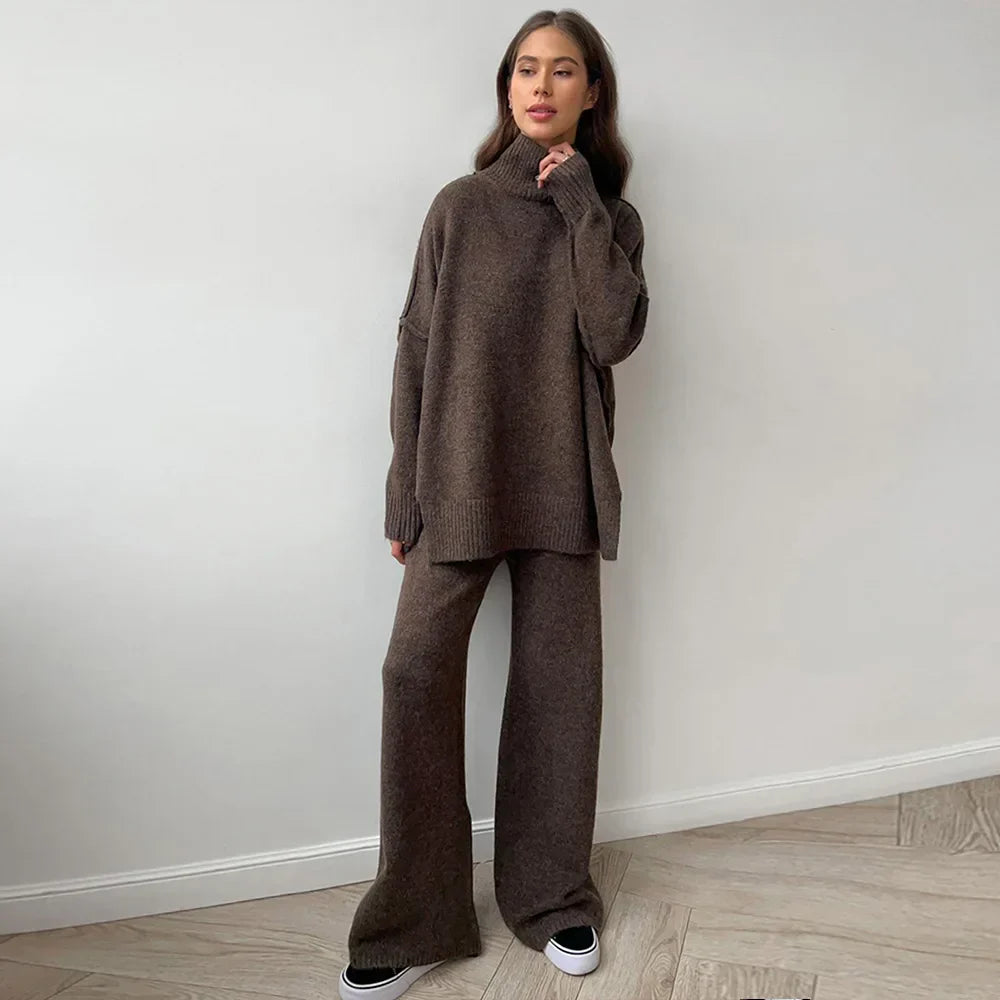 2025 Women's Turtleneck Sweater Set - European & American Style Loose Knit Pullover with Thickened Casual Pants for Autumn Winter | Office Wear, Weekend Outfits, Holiday Fashion