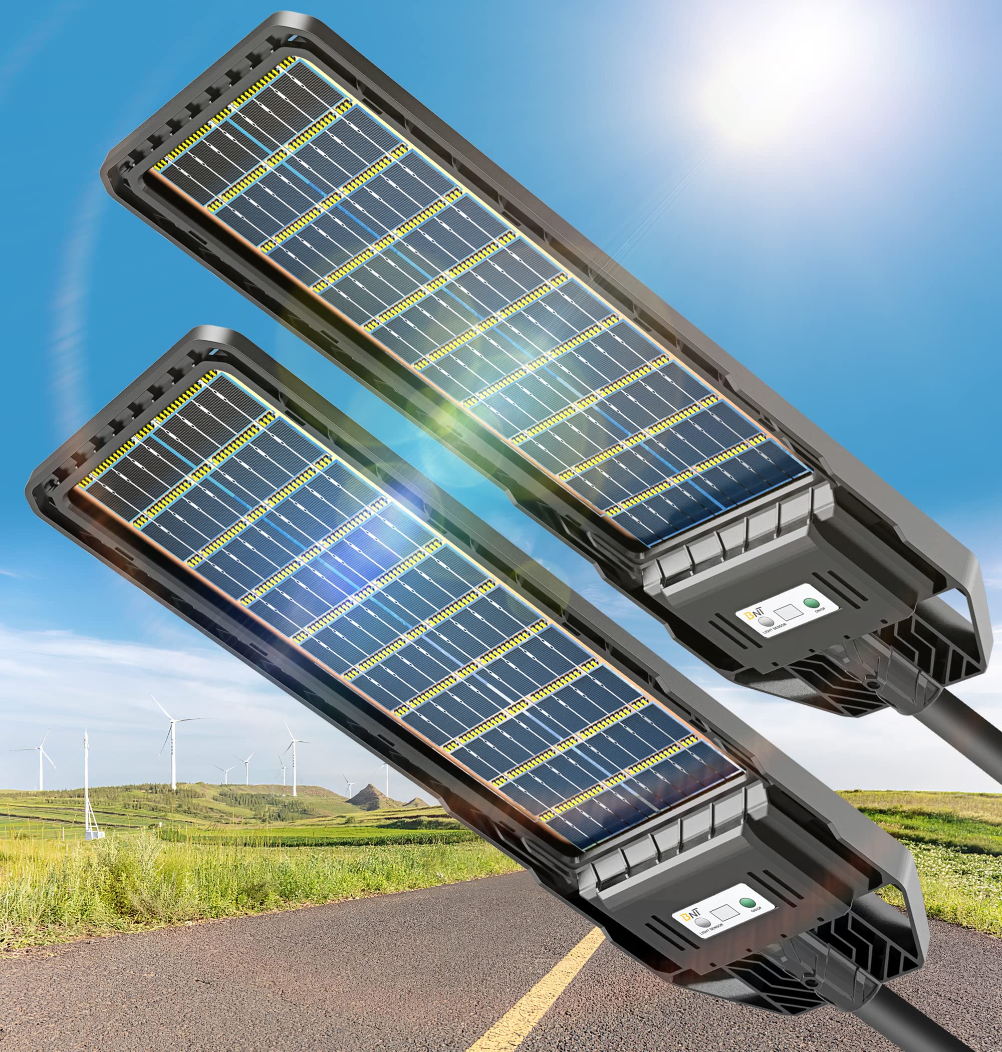 2023 Upgraded 1000W Solar Outdoor Lights - 6500K 100,000LM Solar Street Lights with IP66 Waterproof & Motion Sensor (2 Pack) for Yard, Garden, Pathway - Perfect for Dusk-to-Dawn Security Lighting