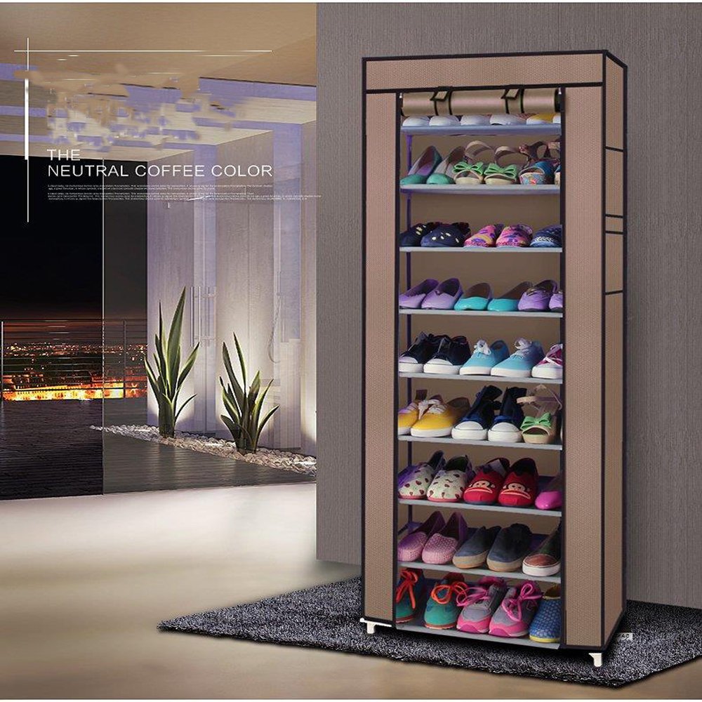 10-Tier Shoe Rack Organizer with Dustproof Cover - Sturdy 27-Pair Shoe Storage Cabinet for Bedroom, Closet & Entryway | Space-Saving Shoe Tower for Dorms, Apartments & Small Spaces (Coffee Brown)