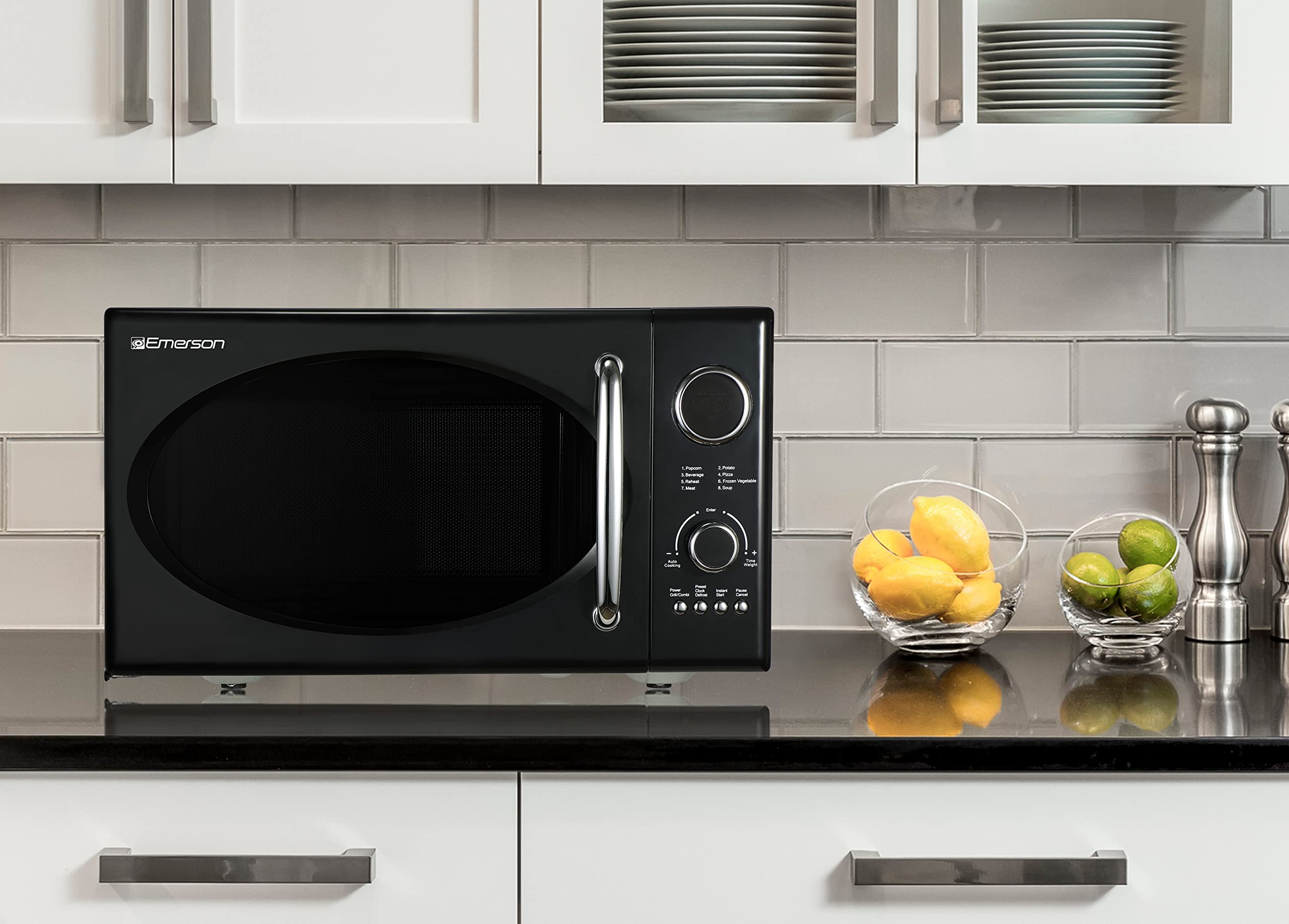 Emerson MWRG0901BK 0.9 Cu. Ft. Retro Black Microwave Oven with Grill - 800W Microwave & 1000W Grill, LED Display, 5 Power Levels, 8 Auto Menus, Glass Turntable & Child Lock - Perfect for Small Kitchens, Dorms & Office Break Rooms