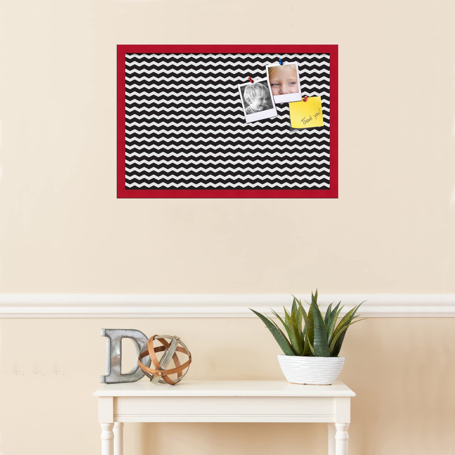 PinPix 27x18 Inch Cork Bulletin Board - Black & White Chevron Design with Red Stained Beech Frame - Stylish Home Office Decor, Message Board & Wall Organizer for Notes, Photos & Reminders (PinPix-118) - Perfect for Home, Office, Dorm Room & Classroom Organization