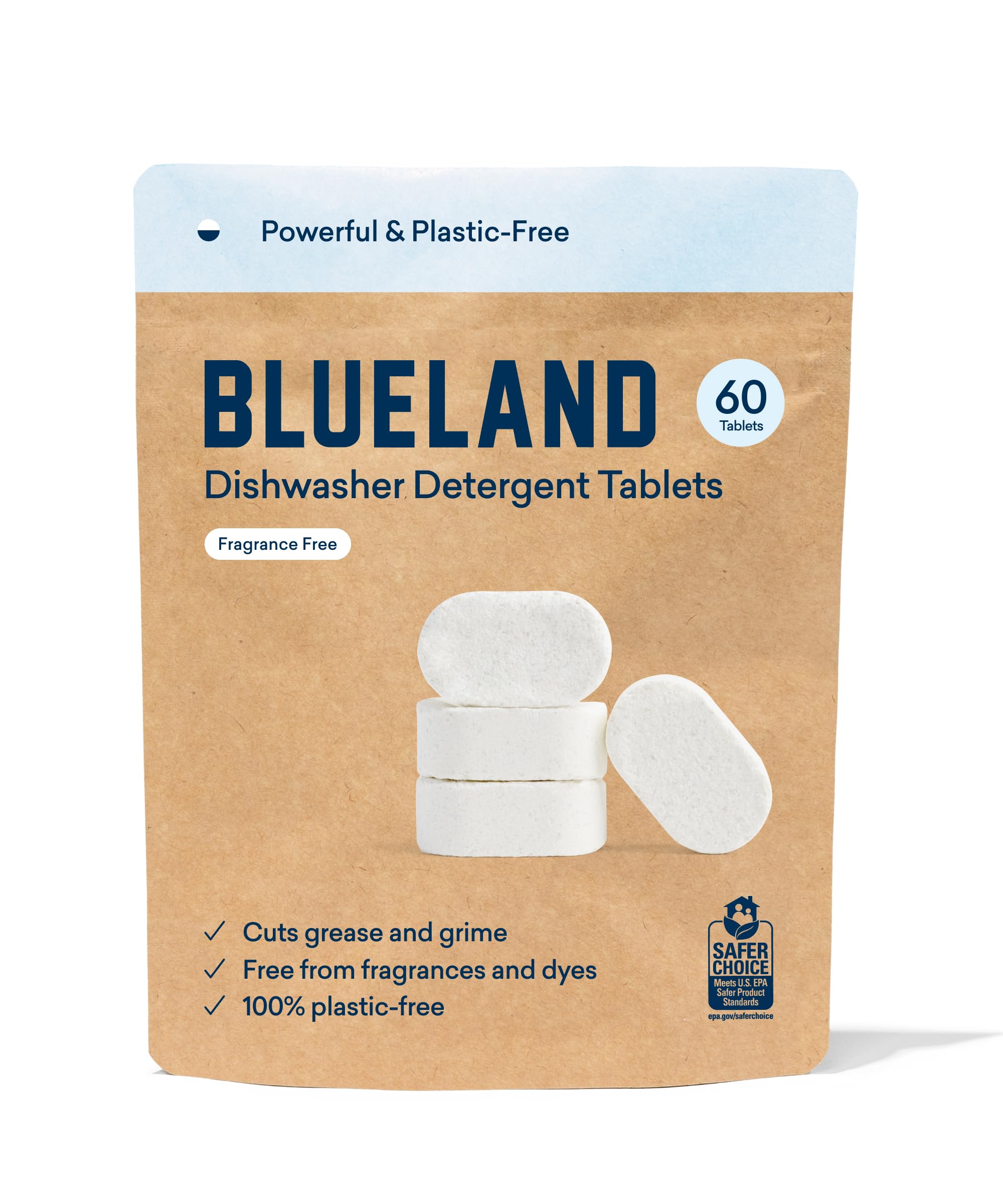 BLUELAND Eco-Friendly Dishwasher Detergent Tablets - 60 Count Unscented, Plastic-Free, Non-Toxic & Sustainable Dishwashing Pods | Perfect for Daily Dishwashing & Green Household Cleaning