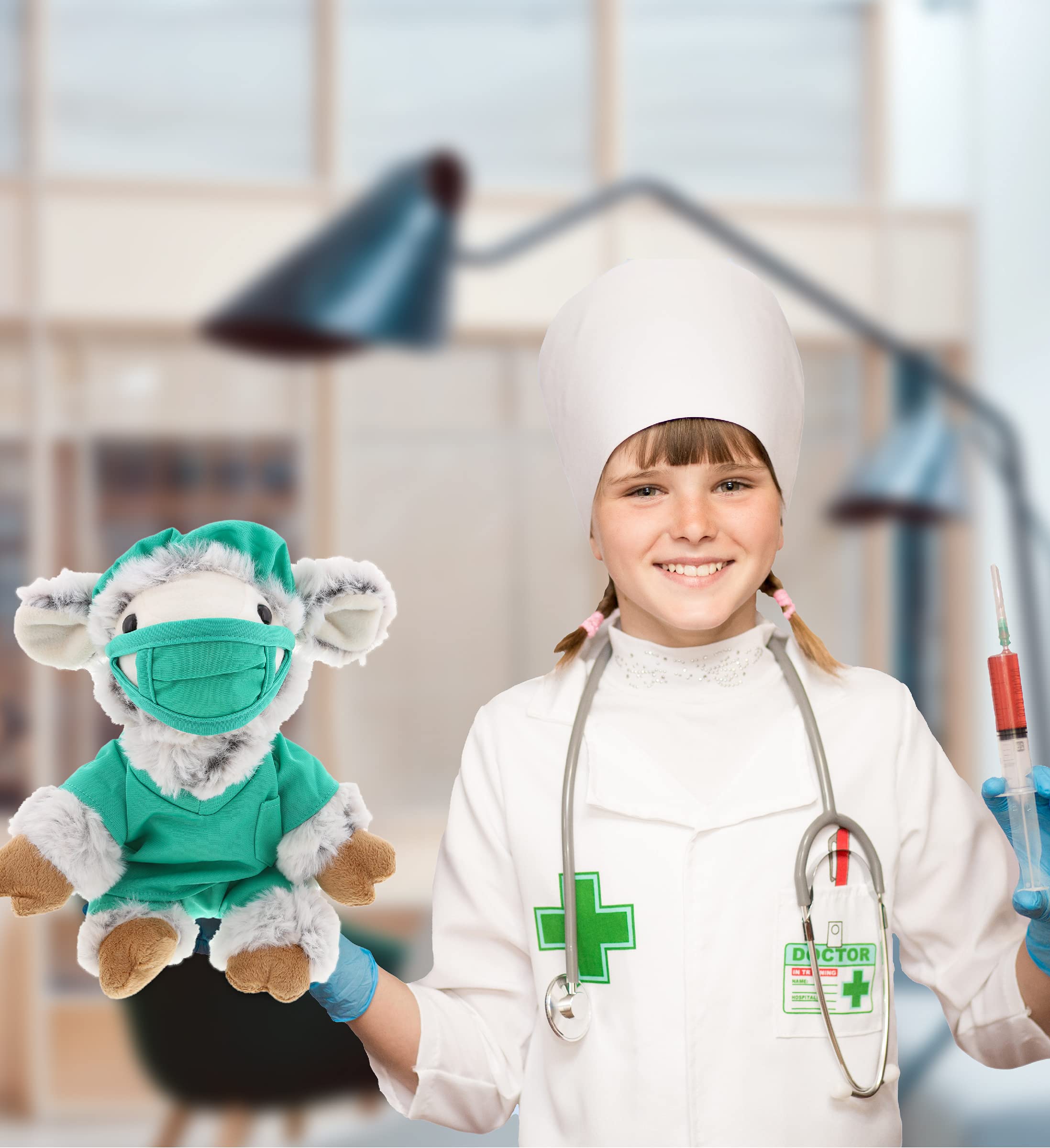 DolliBu Doctor Dress Up Set for Teddy Bear & Stuffed Animals - Surgeon Scrubs Costume with Cap, Shirt, Pants & Mask - Large Size Plush Toy Outfit for Role Play, Gift Giving & Pretend Play