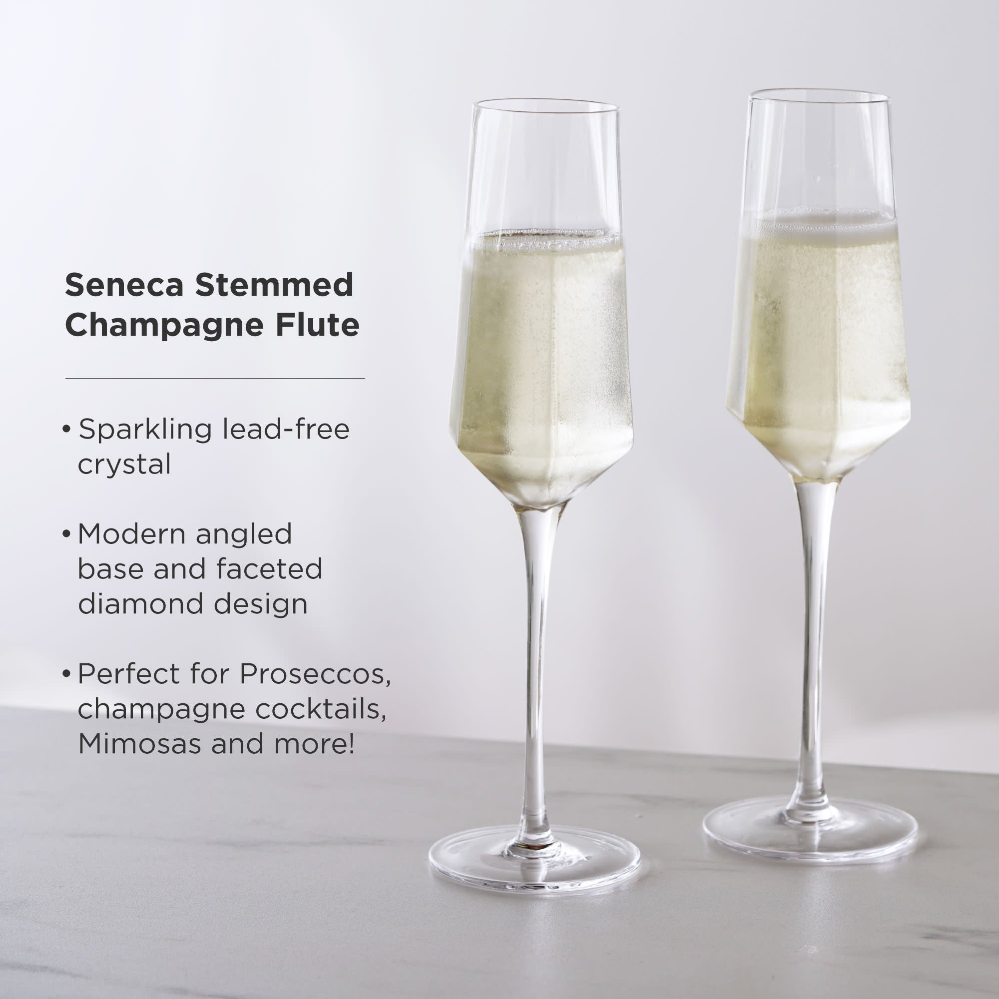 Premium Seneca Diamond Crystal Champagne Flutes Set of 2 - Elegant Stemware for Wedding Toasts, Anniversary Celebrations & Romantic Dinners - Dishwasher Safe Lead-Free Glass