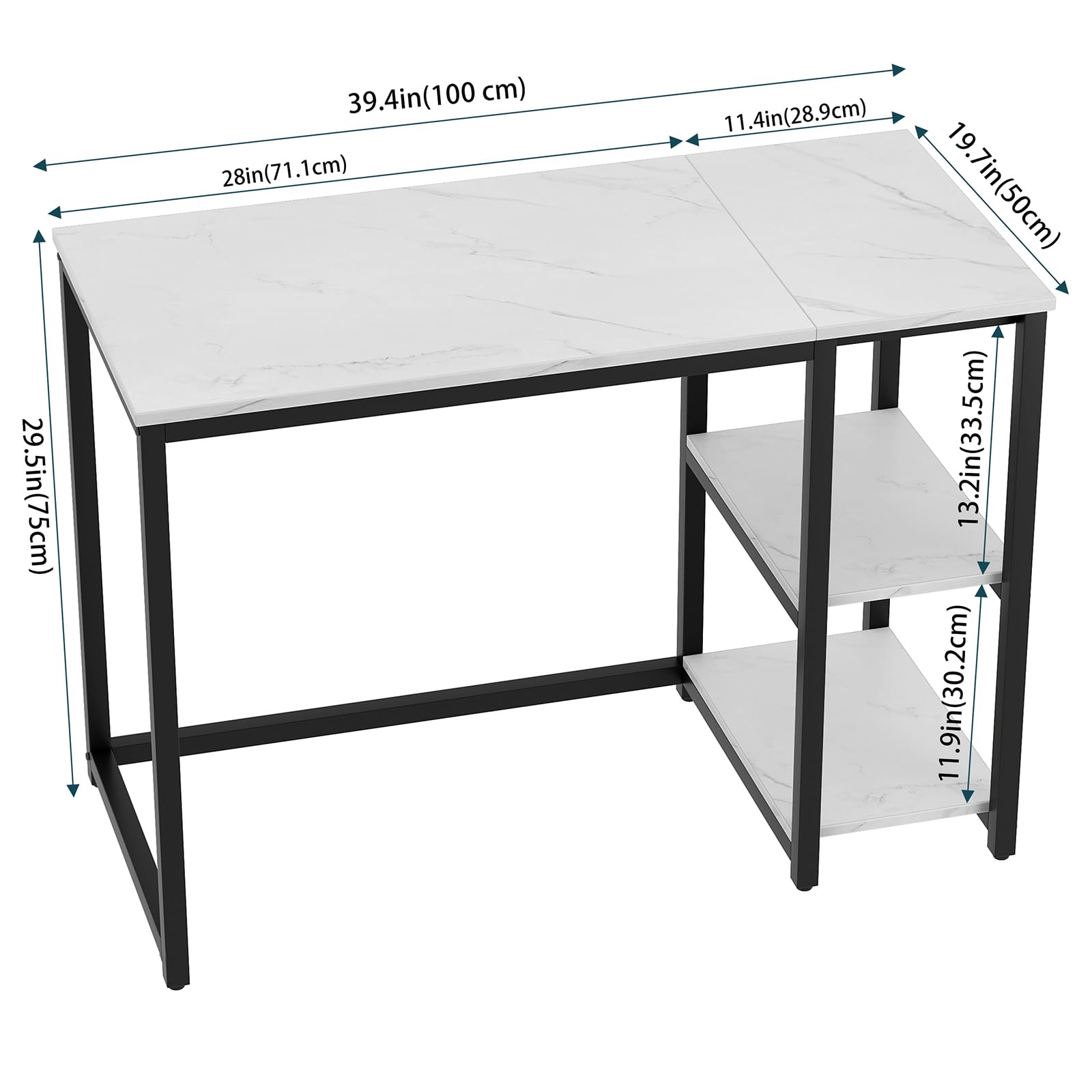 SINPAID 40-inch Modern Computer Desk with 2-Tier Shelves - Sturdy Home Office Desk, Gaming & Study Table with Large Storage Space - Black Marble & White Marble Finish - Perfect for Small Spaces, Dorm Rooms & Home Offices