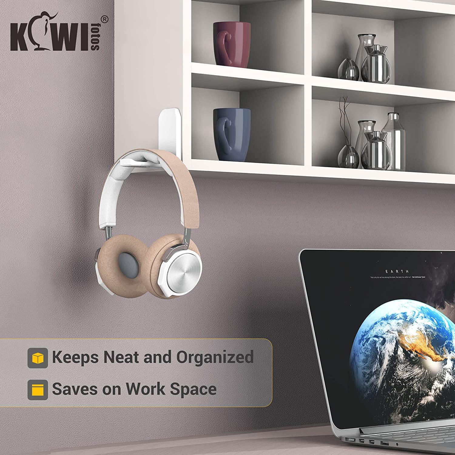 KIWIFOTOS Adhesive Desk Headphone Hanger - Foldable Under Desk Hook Mount for Gaming Headsets & PC Accessories - Wall Mountable Headset Holder Stand (White) - Perfect for Home Office, Gaming Setup & Workspace Organization