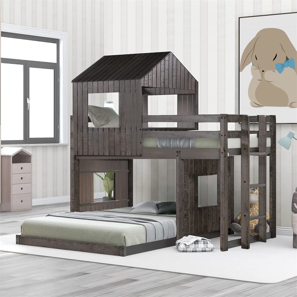 Solid Wood L-Shaped Twin Over Full Bunk Bed with Roof & 4 Windows - Sturdy Loft Bed Frame with Full-Length Guardrails & Ladder - No Box Spring Needed in Antique Gray - Perfect for Kids' Bedroom, Guest Room & Small Space Living