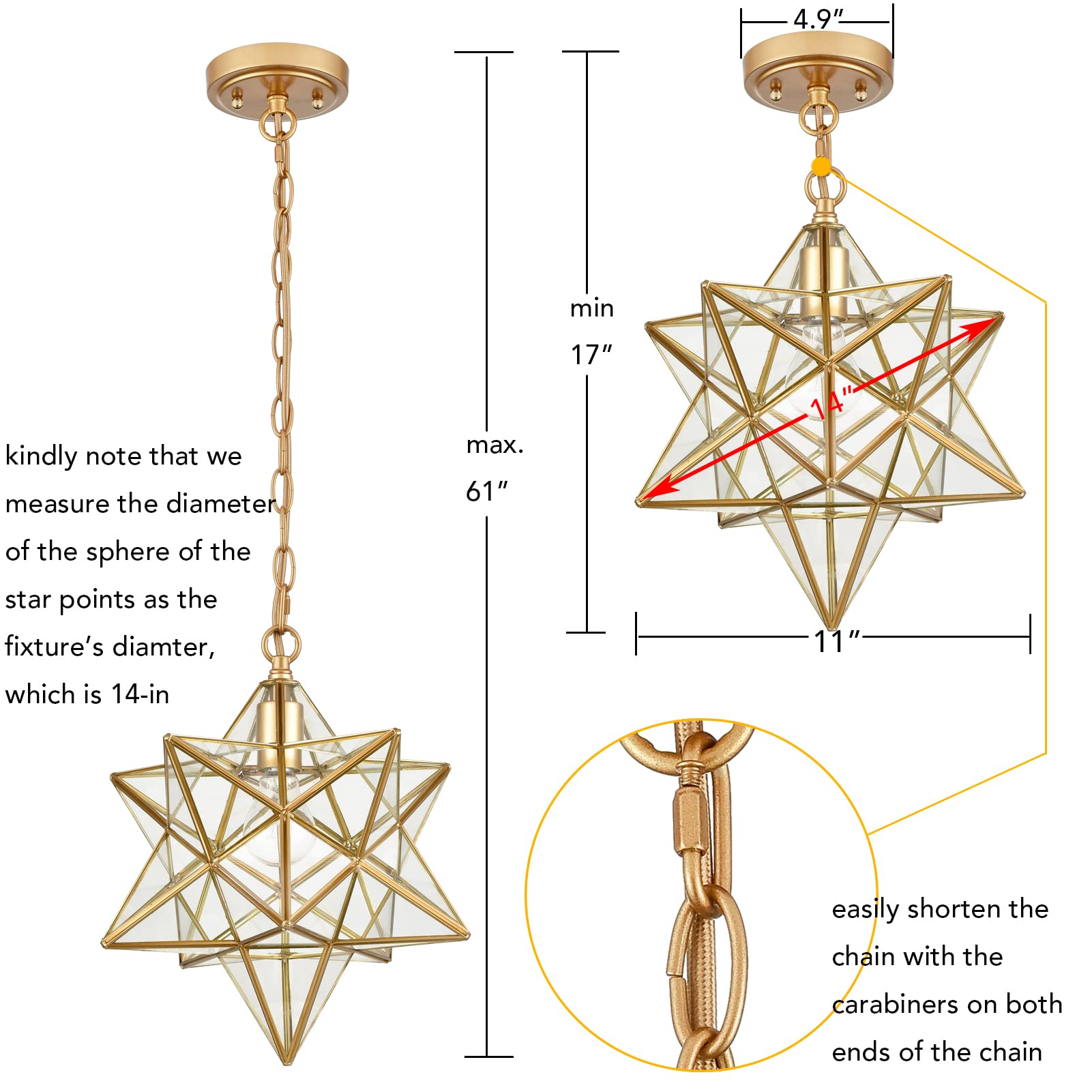 Modern Brass Moravian Star Pendant Light - 14 Inch Clear Glass Shade for Dining Room, Bedroom & Living Room Lighting