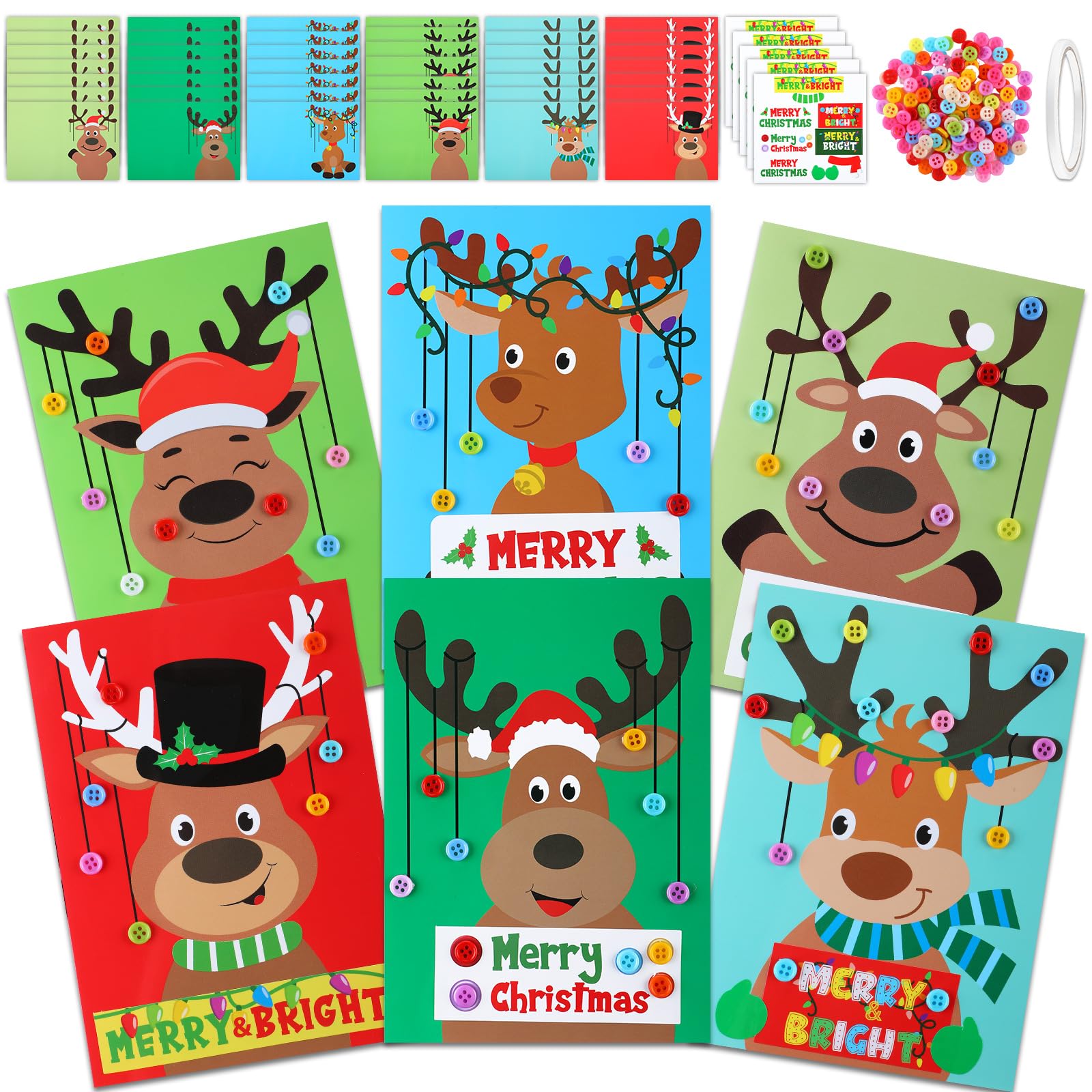 24pcs DIY Reindeer Christmas Card Kit for Kids - Xmas Crafts & Party Decor