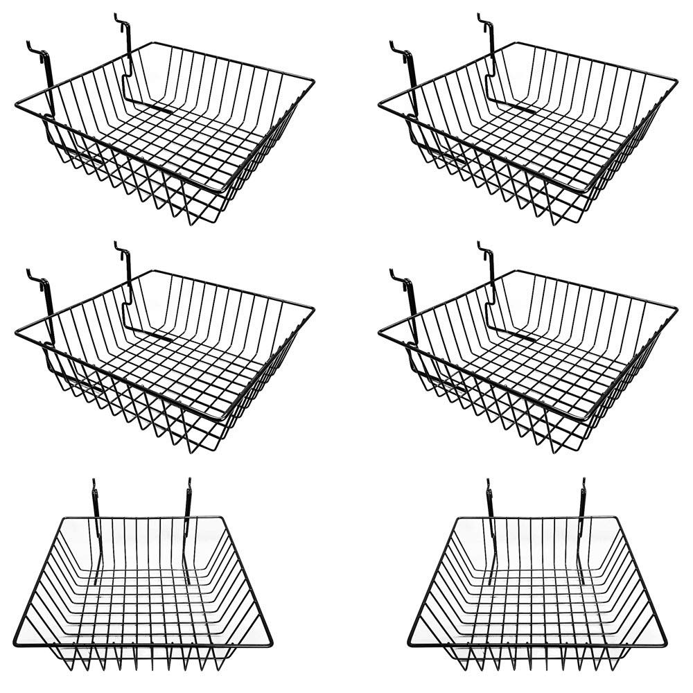 6-Piece Metal Wire Black Slatwall Gridwall Pegboard Small Double Sloping Basket Rack Fixture - Perfect for Retail Stores, Boutiques & Garment Display Organization
