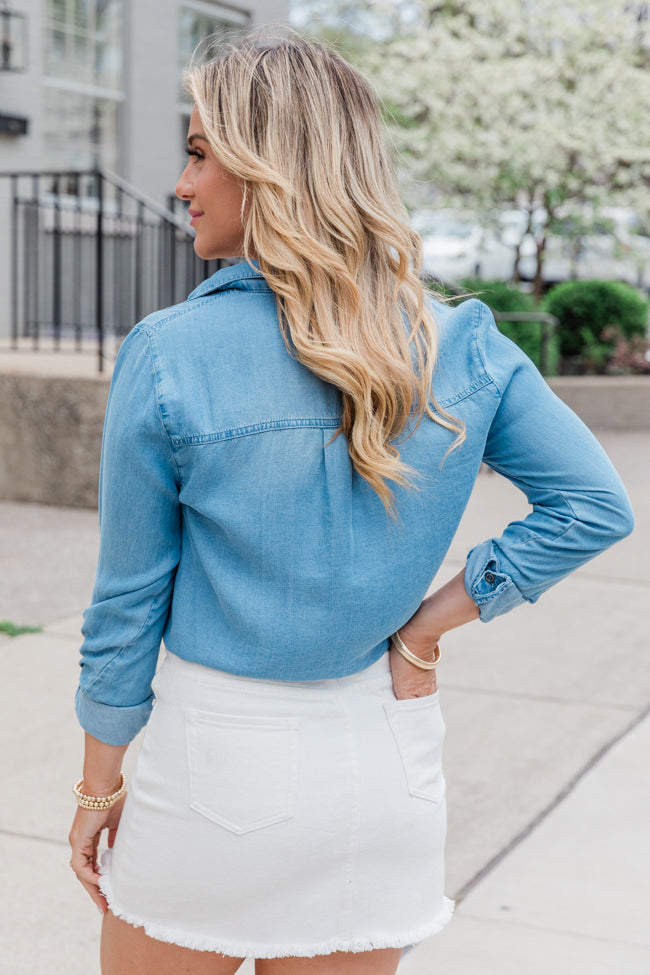 Simplify Life Medium Tie Front Chambray Blouse - Women's Casual Shirt for Work & Weekend | Perfect for Office, Date Night & Spring Outfits