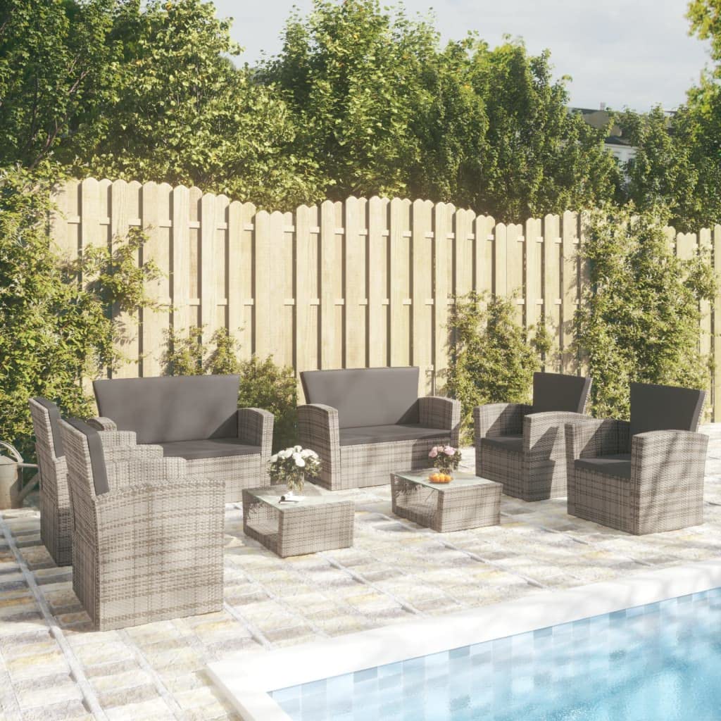 vidaXL 8-Piece Gray Patio Lounge Set with Cushions - Poly-Rattan Outdoor Furniture with Glass Tabletop - Easy Assembly & Lightweight - Perfect for Garden, Poolside & Backyard Relaxation