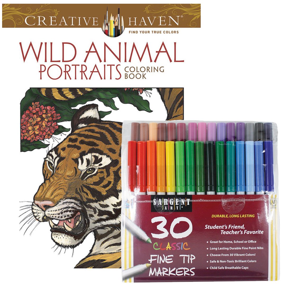Sargent Art Classic Fine Tip Markers 30-Piece Set with Dover Creative Haven Wild Animal Portraits Coloring Book - Premium Art Supplies Bundle for Adult Coloring, Sketching & Creative Projects