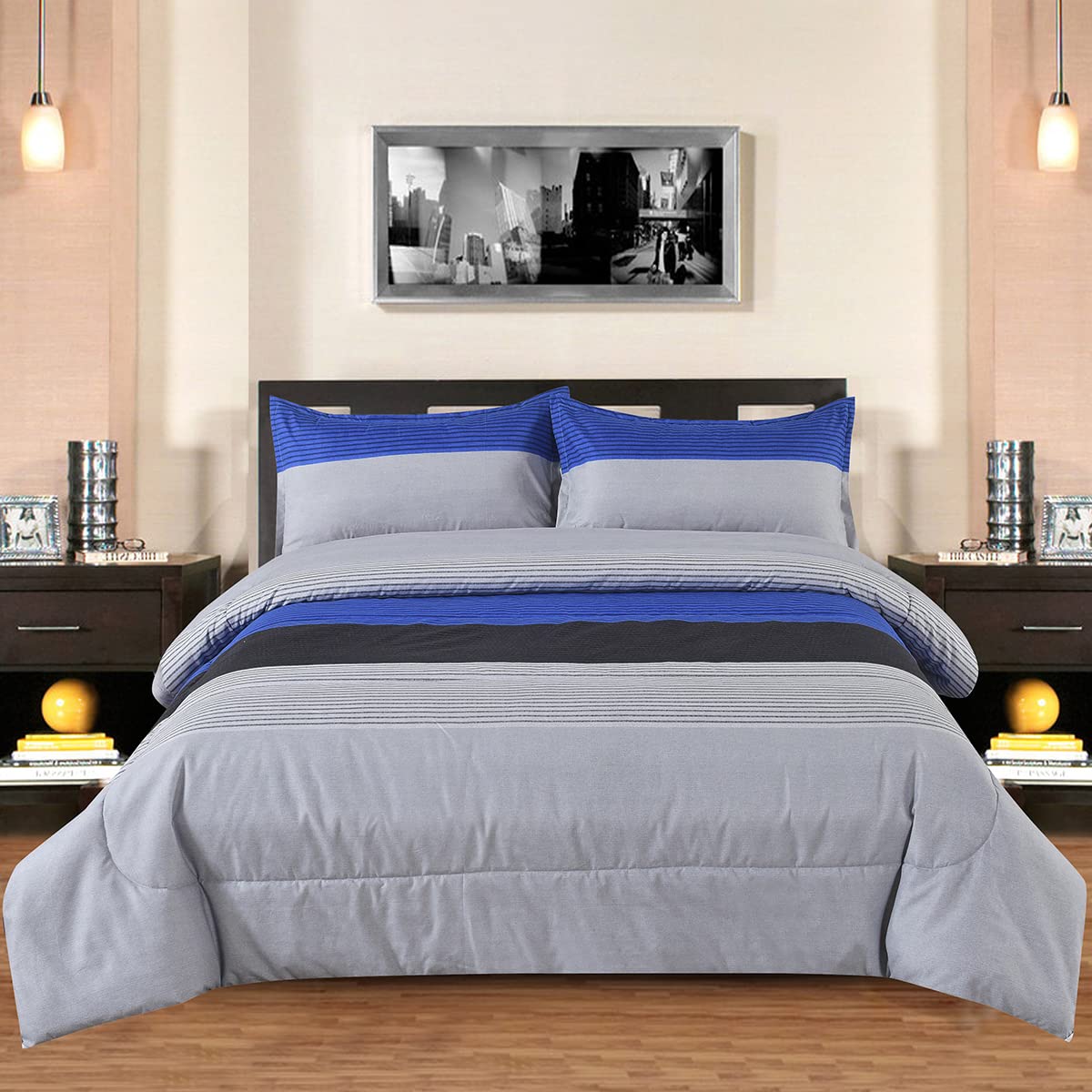 Mefinia Stripe Patchwork Comforter Set with Corner Loops - 90x90 Inch King Size, Soft Striped Down Alternative Bedding Set for Cozy Bedroom Decor & Guest Room Essentials