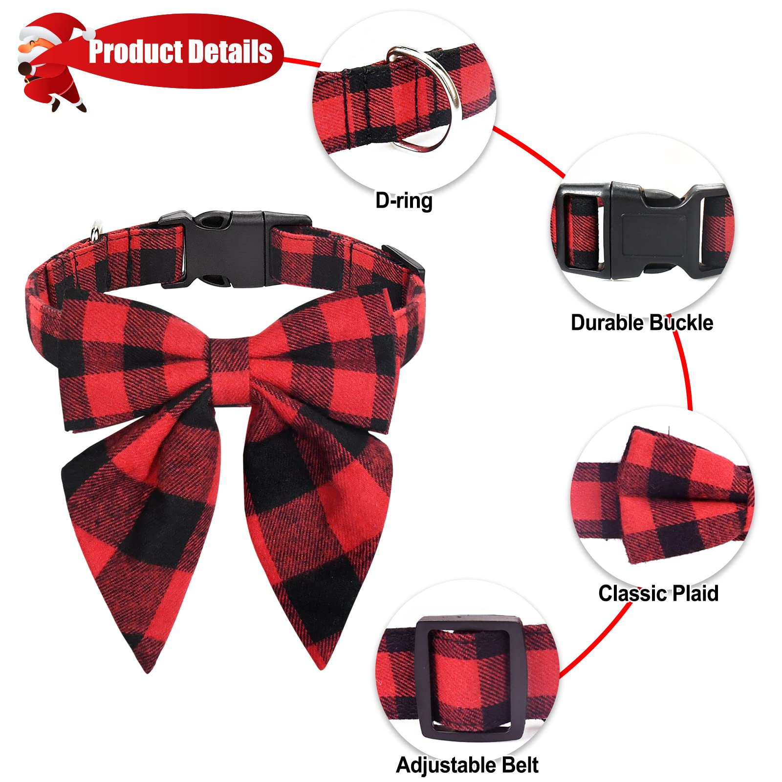 Malier Christmas Dog Collar with Bow Tie - Classic Plaid Pet Collar for Small Medium Large Dogs | Soft Durable Holiday Puppy Accessory (Red & Black, Medium) | Perfect for Christmas Photos & Festive Gatherings