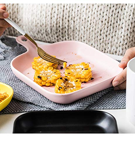 6 Inch Matte Ceramic Baking Dish with Handle - Round & Square Oven Safe Serving Plates for Steak, Pasta, Salad | Microwave & Dishwasher Safe | Perfect for Dinner Parties, Holiday Meals & Family Gatherings (Square, Pink)