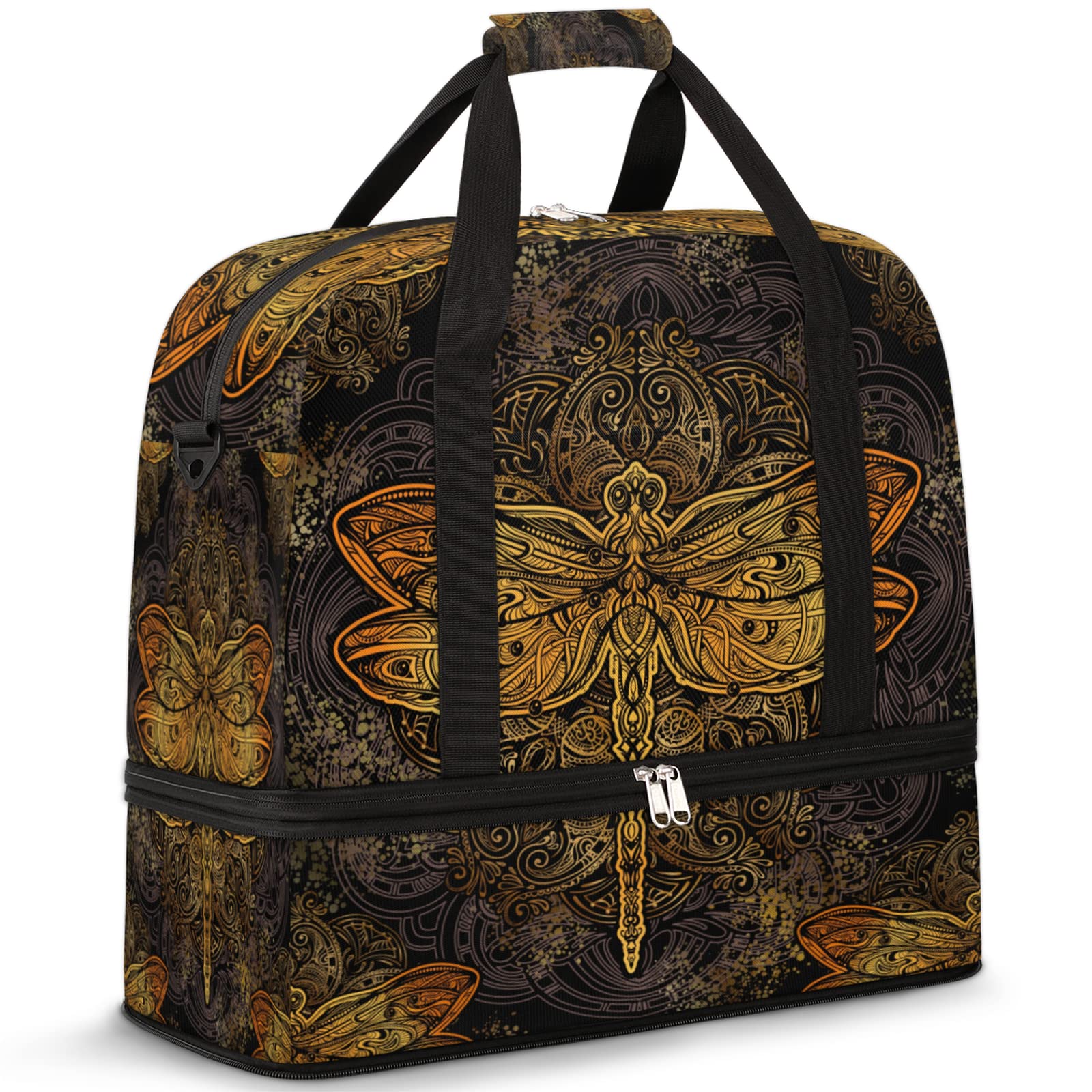 Vintage Dragonfly Retro Mandala Gym Bag - Foldable Travel Duffel Bag with Shoe Compartment & Wet/Dry Separation - Yoga, Sports, Weekend Getaway Bag for Men & Women - Perfect for Gym, Travel, Yoga Class and Overnight Trips