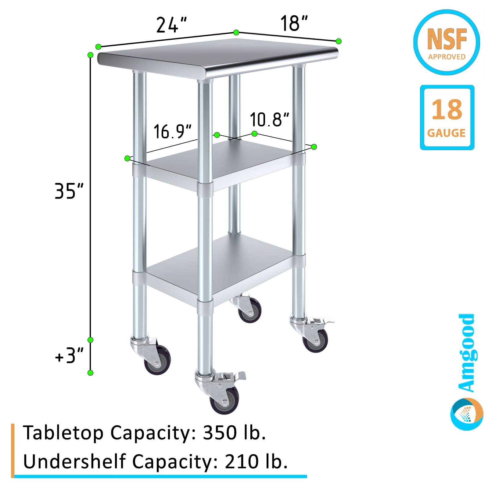 AmGood Stainless Steel Work Table with 2 Shelves & Wheels - 24