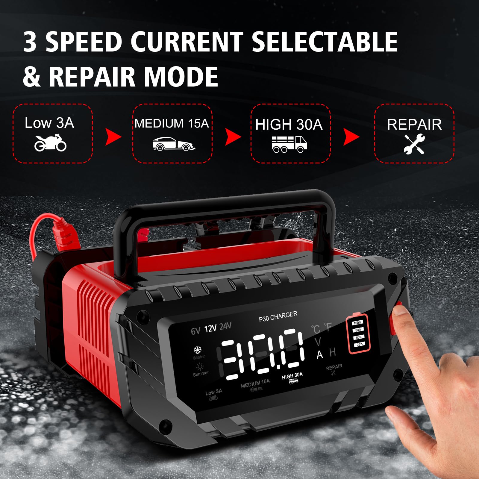 30-Amp Smart Car Battery Charger 6V/12V/24V Automatic Automotive Charger & Maintainer - Trickle Charger for Car, Motorcycle, Boat, RV - Works with Lead-Acid, Lithium, LiFePO4 Batteries - Perfect for Winter Storage & Emergency Jump Starts