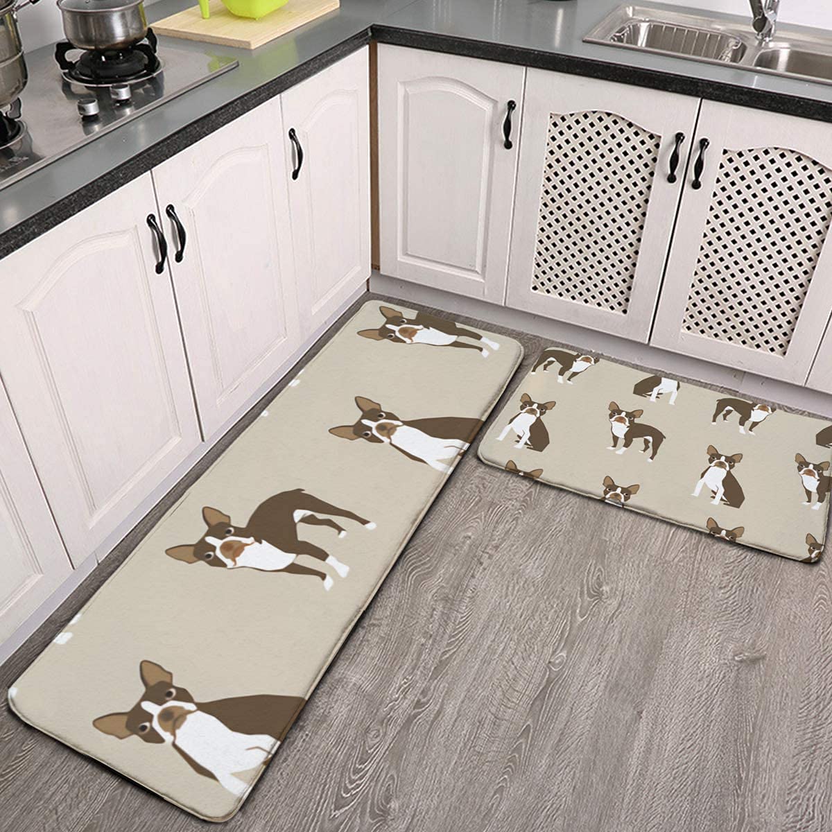 **2-Pack Non-Slip Flannel Kitchen Rugs with Boston Terrier Christmas Design - Soft, Absorbent Mats for Kitchen, Sink, Laundry Room, Office & Home Floor - Brown & White (One Size) - Perfect for Holiday Decor & Pet Lovers**