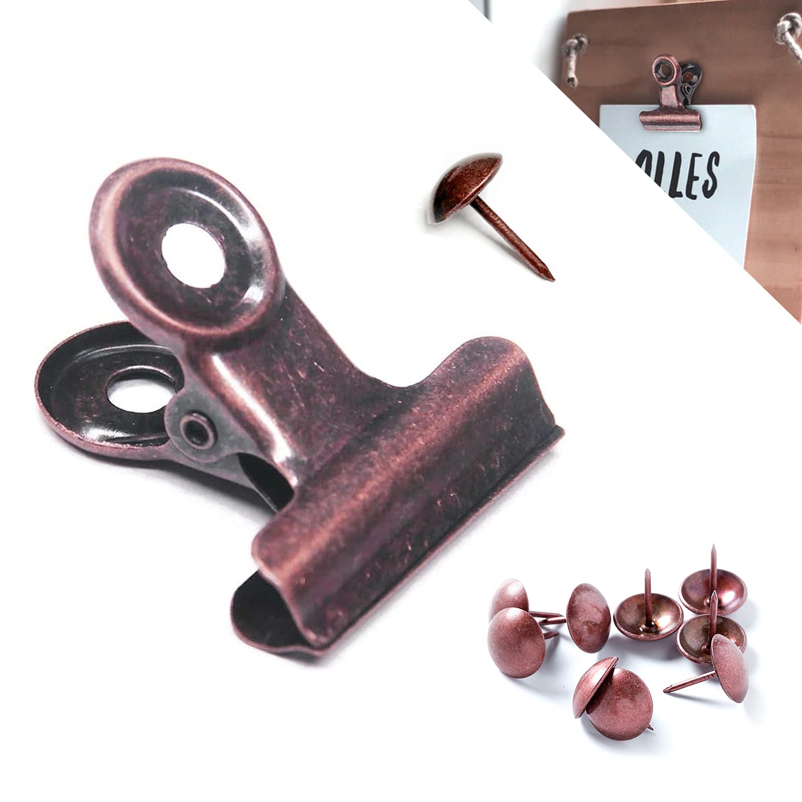 Bulldog Clips with Hole for Push-pin | Strong Spring Metal Binder Clips | Small Paper File Clips | Seal Clamps for Coffee Tea Food Bags | Decorative DIY Photo Grid Clips (Copper, 31mm) - Perfect for Office Organization, Crafting & Home Storage