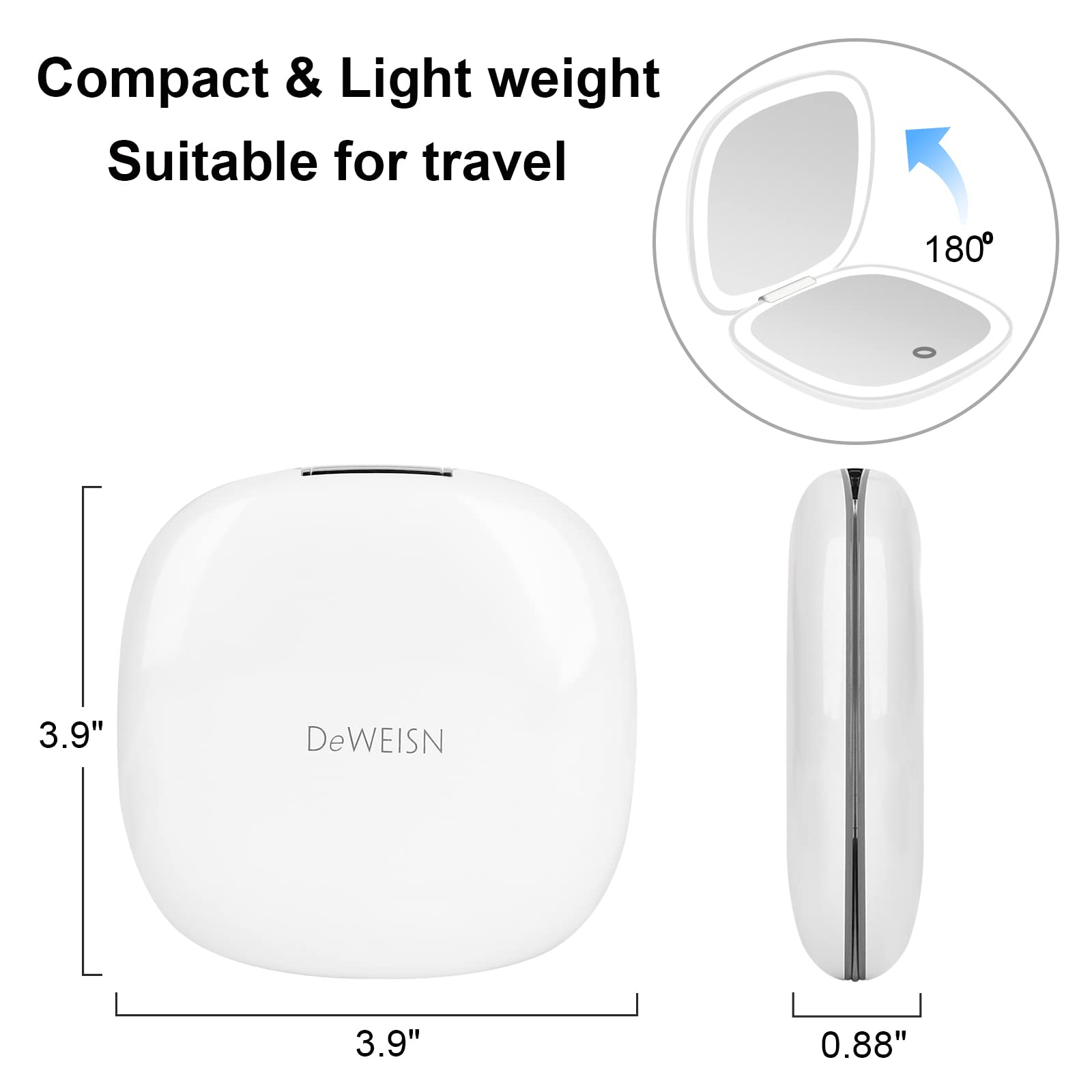 Deweisn Lighted Travel Makeup Mirror - 1X/10X Magnifying, USB Charging - Perfect for Handbag & Travel