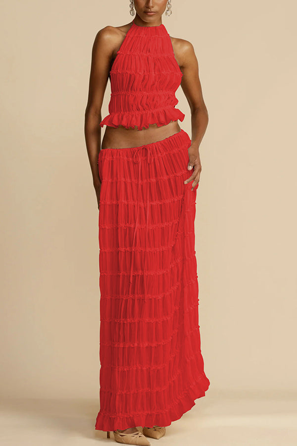 Versatile Vintage Pleated Drawstring Waist Tiered Maxi Skirt for Women | Boho Chic Flowy Long Skirt | Perfect for Casual Outings, Beach Vacations & Summer Festivals