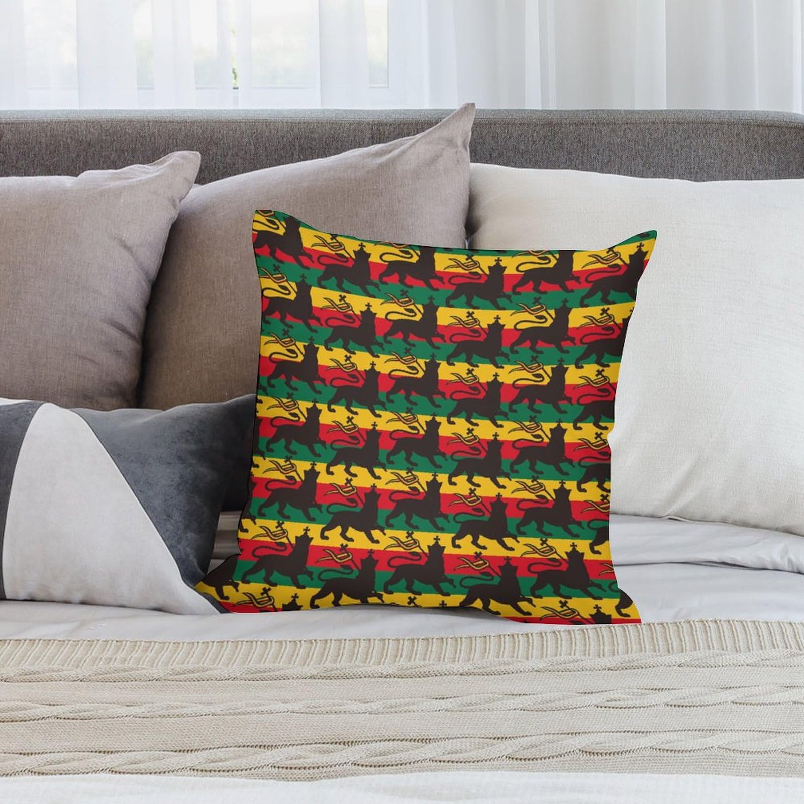 Rastafarian Flag Lion Plush Pillow Covers - Soft 20x20 Inch Cushion Cases for Sofa & Bed (Set of 4) - Perfect for Home Decor, Reggae Themed Rooms & Cultural Displays