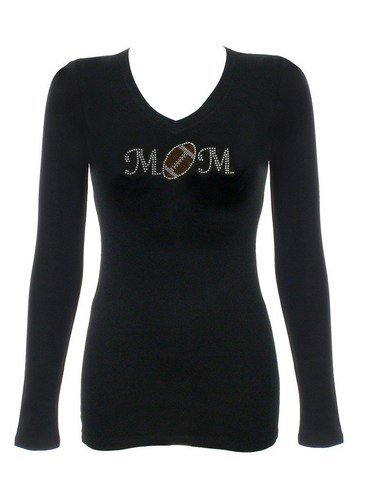 Stylish Women's Front & Back Football Mom Rhinestone Bling T-Shirt - Black | Perfect for Game Day, Tailgating & Showing Team Spirit