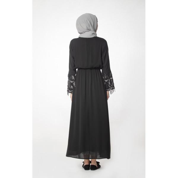 Elegant Abaci Modest Sequined Cocktail Dress 12956 in Black | Perfect for Evening Parties, Weddings & Special Occasions