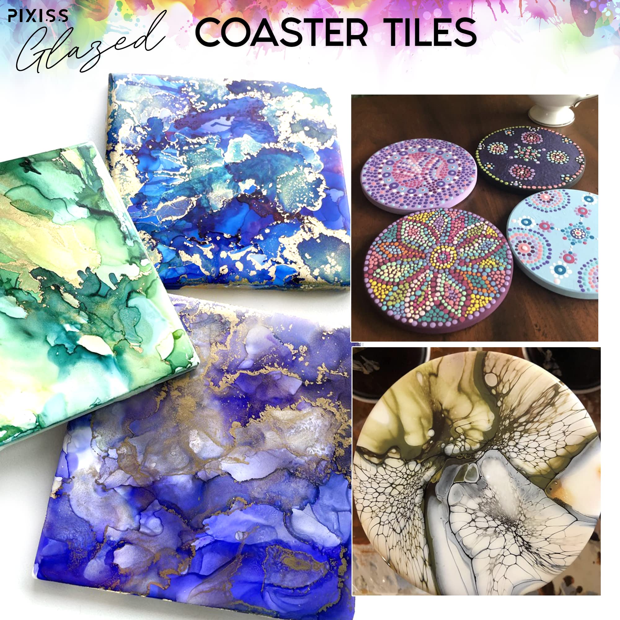 Pixiss 100-Pack 4x4 Inch Glazed Ceramic Coasters with Cork Backings - DIY Blank Square Tiles for Alcohol Ink, Acrylic Pouring & Painting - Perfect for Home Decor, Craft Projects & Party Supplies