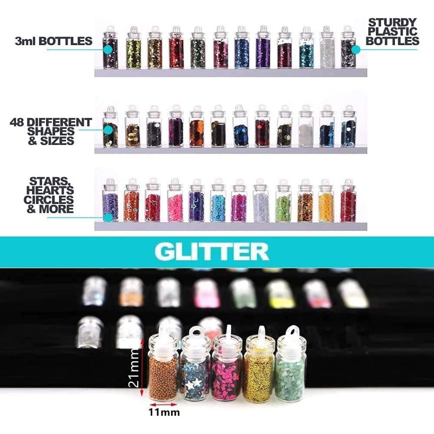 HUDACRUSH 100 Pcs Artificial Nails Kit with 48 Glitter Bottles, Nail Glue & Red Lipstick - Perfect for DIY Nail Art, Parties, and Special Occasions