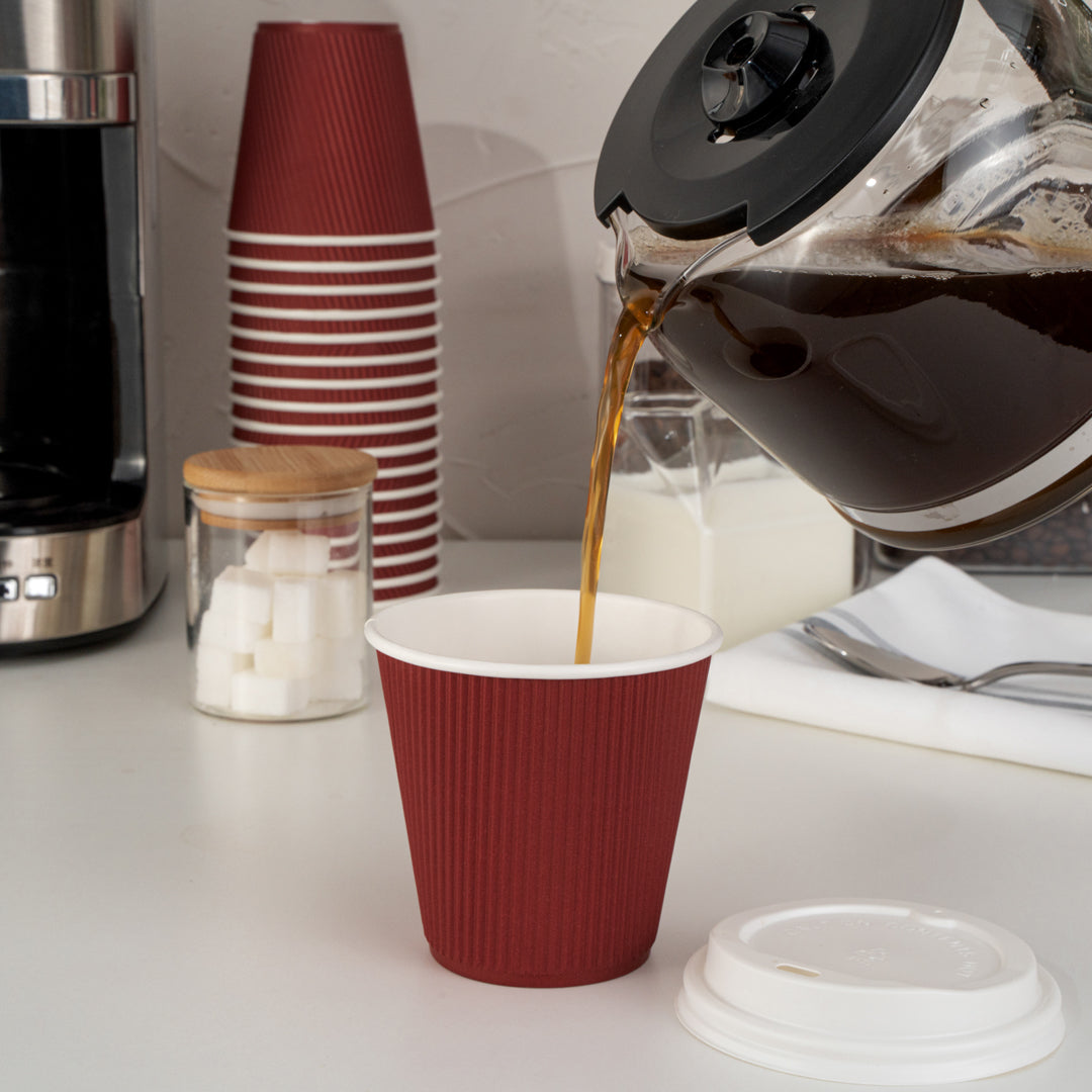 8 oz Crimson Red Ripple Wall Paper Coffee Cups with White Lids - 20 Count Box (3.5