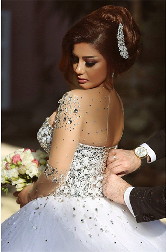Elegant Crystal Pearl Beaded Organza Ball Gown Wedding Dress with Sheer Long Sleeves - Perfect for Bridal, Prom, Evening Gala & Formal Events
