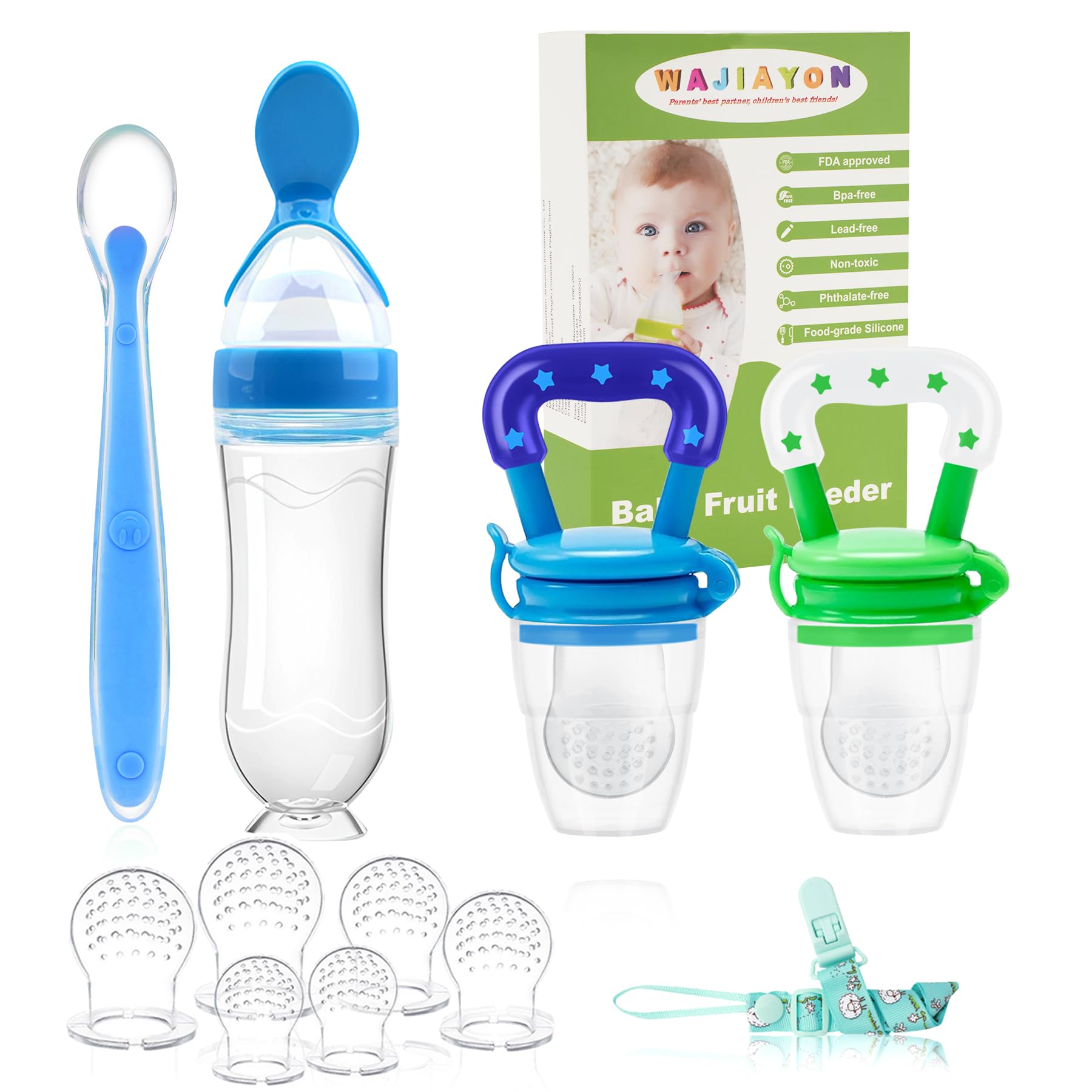 WAJIAYON Baby Fruit Feeder Pacifier - 5 Pack | 2 Silicone Baby Fruit Feeders & 1 Food Dispensing Spoon | Fresh Fruit Teether for Infants | BPA-Free Mesh Feeder for Teething Relief (Blue & Green) | Perfect for On-the-Go Snacking & Soothing Sore Gums