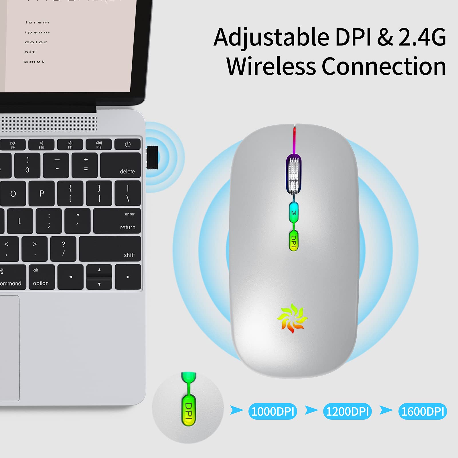 KBCASE Slim Silent Wireless Mouse - 2.4G Rechargeable LED Mouse for Laptop, MacBook, iPad, Chromebook with USB & Type-C Receiver - Perfect for Office, Home, and Travel Use