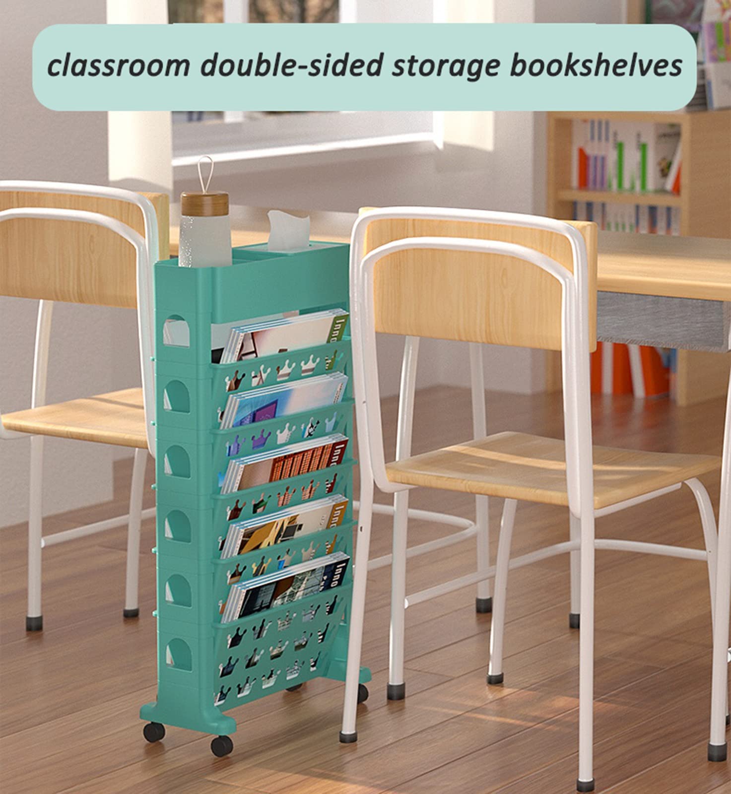 Portable Rolling Bookshelf for Classroom - Slim Mobile Desk Storage Organizer with Wheels, Compact Bookcase for Books, Magazines & Supplies - Ideal for School, Library, Office & Home Study Use