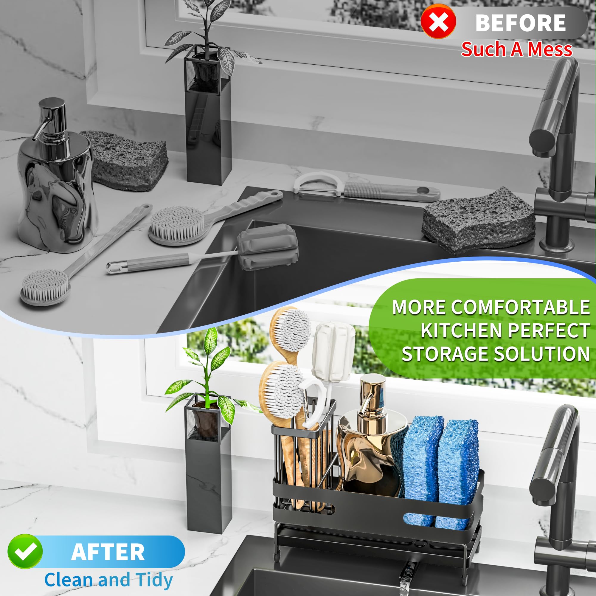 Stainless Steel Kitchen Sink Organizer with Sponge Holder, Brush Holder & Self-Draining Tray - Rustproof Sink Caddy for Sponges & Cleaning Tools - Perfect for Kitchen Organization & Sink Accessories (Black, Large) - Ideal for Keeping Sinks Clean & Organized While Preventing Rust & Water Stains