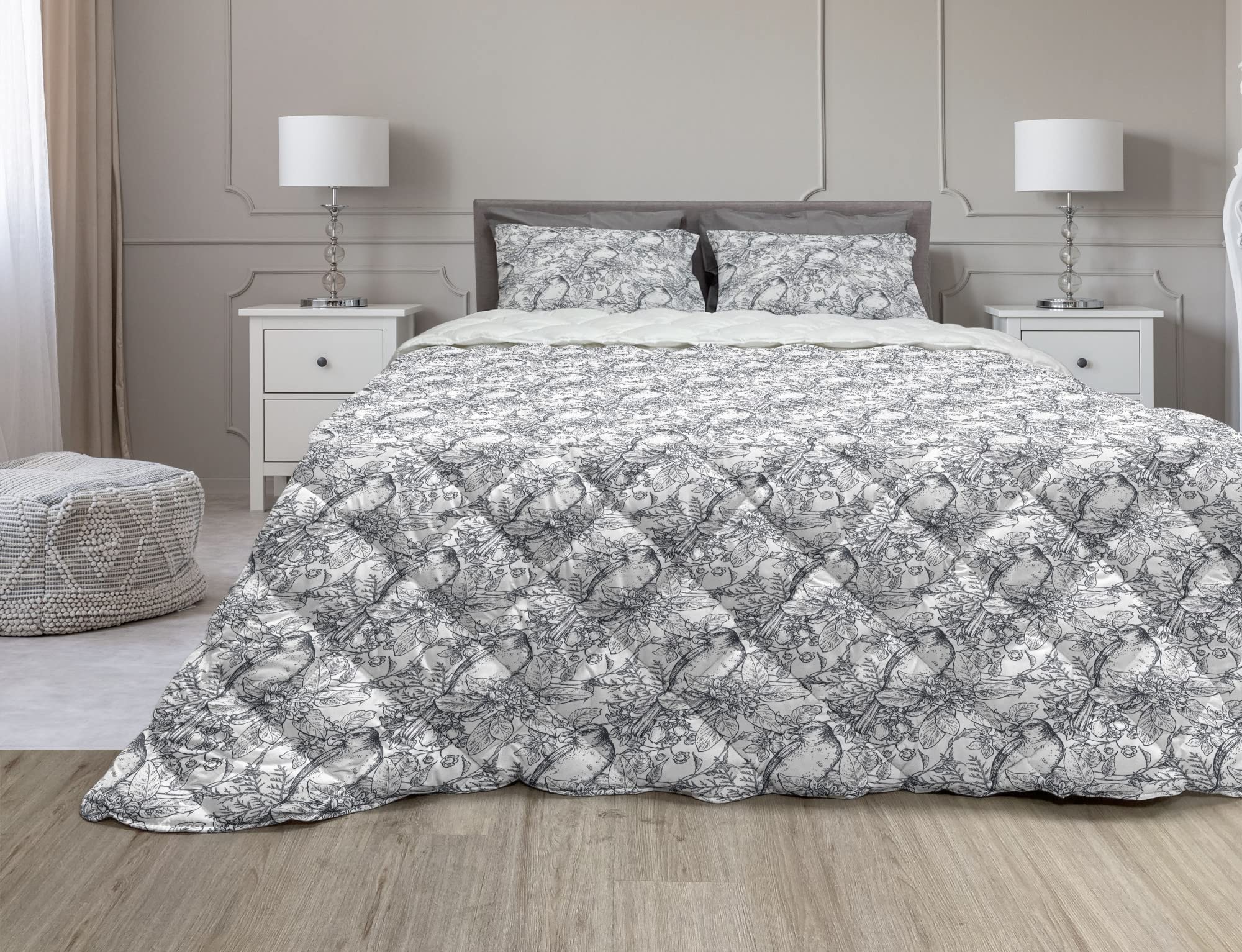 Ambesonne Hand-Drawn Sketch Comforter Set - 3 Piece Queen Duvet Cover with Microfiber Filling, Inky Birds on Blooming Branches Design in Dark Night Blue & White | Perfect for Bedroom Decor, Guest Room, and Cozy Winter Nights