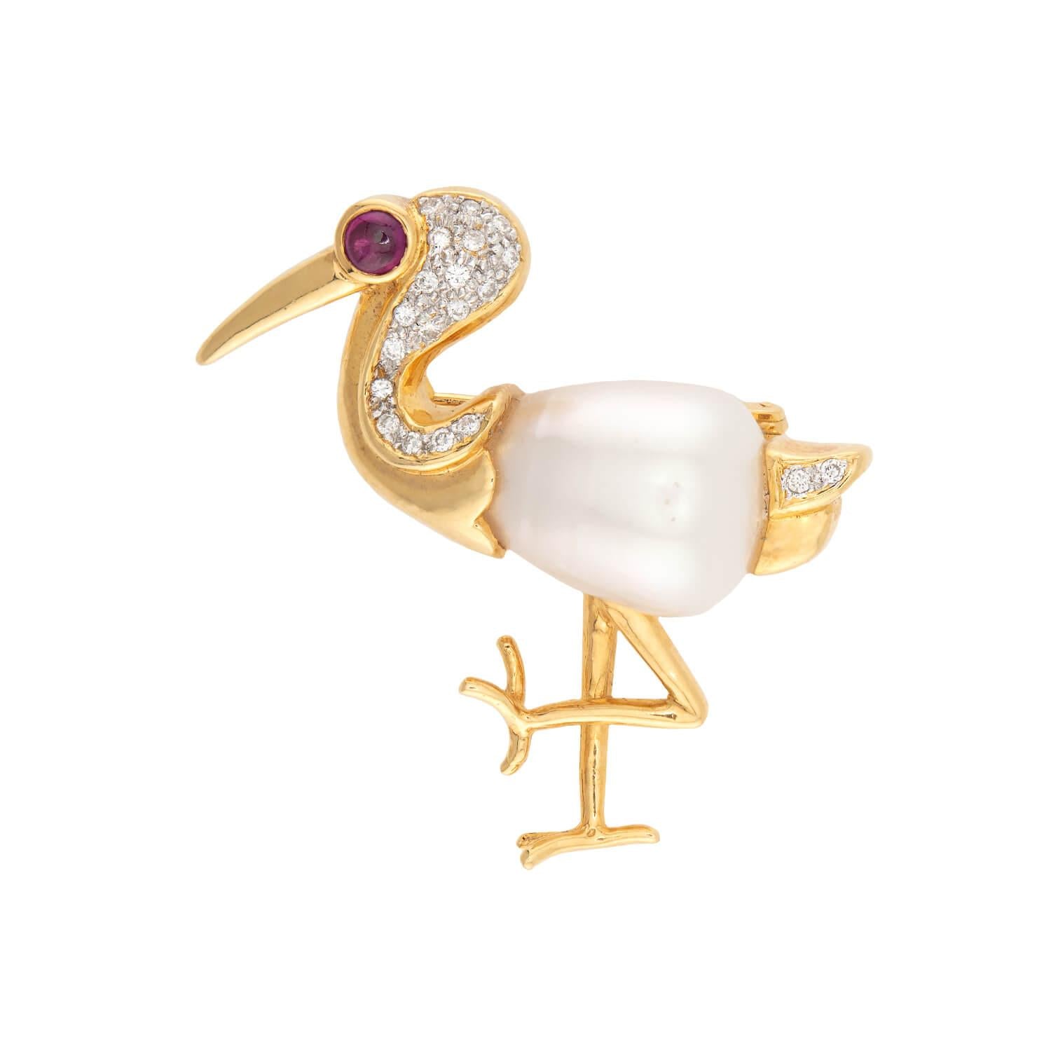 18k Gold Diamond Ruby Pearl Heron Brooch Pin - Elegant Vintage Jewelry for Women, Perfect Gift for Weddings, Anniversaries & Special Occasions