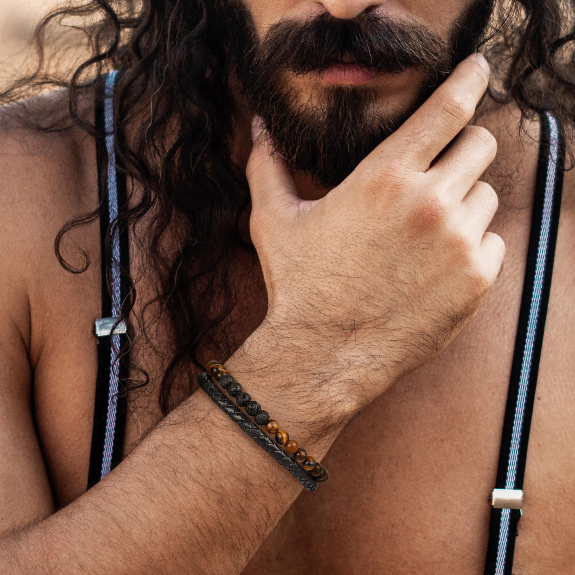 Men's Tiger Eye Beaded Bracelet with Brown Leather - Matte Agate Beads for Stylish Wrist Accessories | Perfect Birthday, Christmas Gift for Him | Office Wear, Casual Outfits & Special Occasions