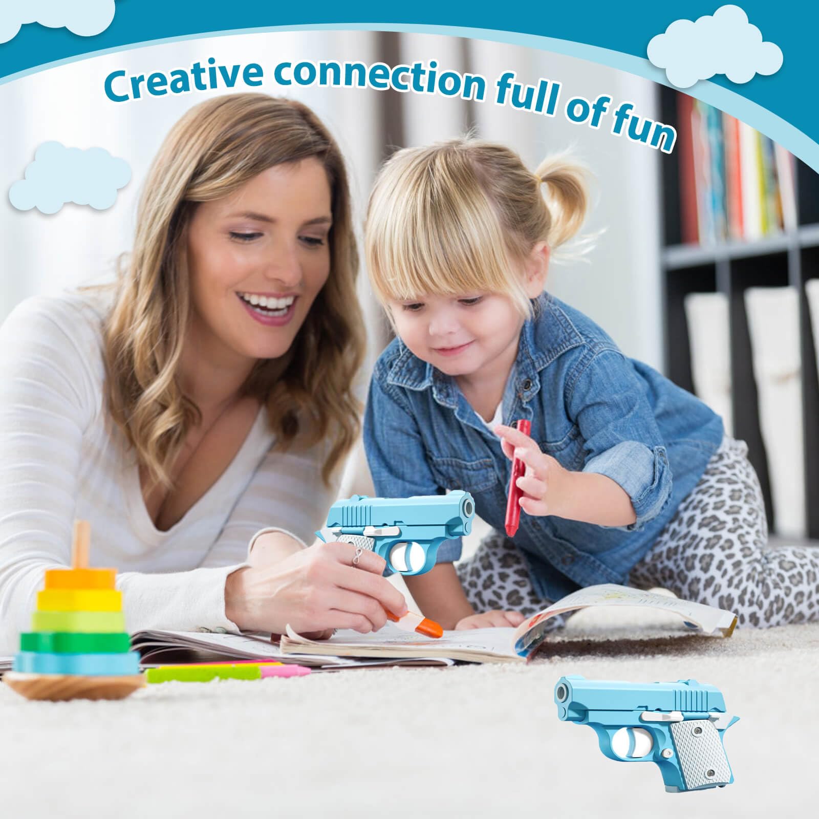 3D Gravity Mini 1911 Fidget Pistol Toy - Stress Relief Sensory Toys for Adults & Kids with ADHD/Anxiety - Blue & White - Perfect for Office, Classroom & Travel Stress Relief