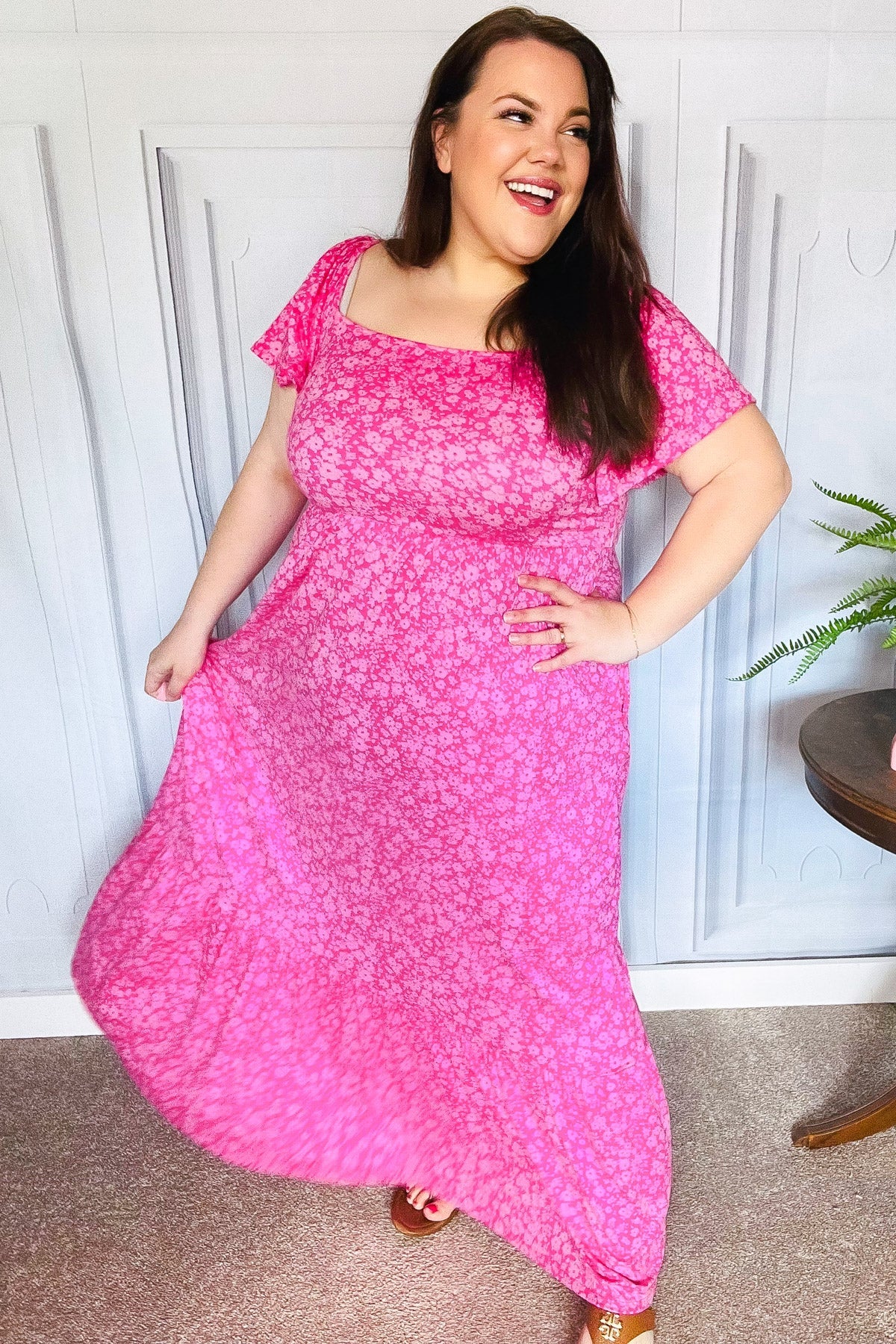 Perfectly You Fuchsia Ditzy Floral Fit & Flare Maxi Dress - Women's Summer Boho Beach Dress for Vacation, Wedding Guest & Outdoor Parties