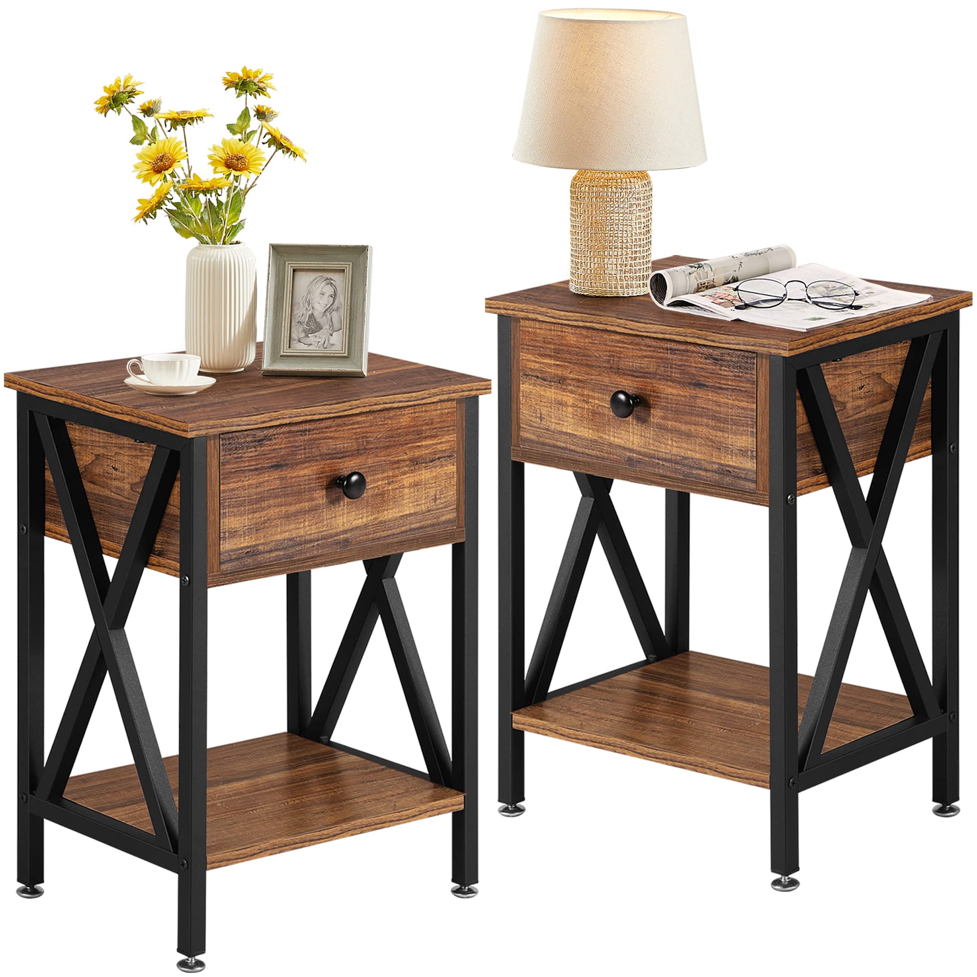 VECELO Nightstand Set of 2 - Modern Bedside Tables with Drawer & Storage Shelf, Industrial Metal Frame End Tables for Bedroom, Living Room | Perfect for Small Spaces, Apartment Decor & Guest Room Furniture