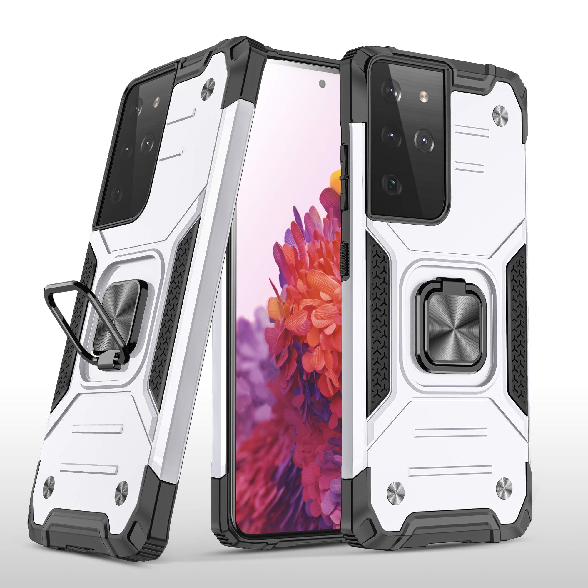 Military Grade Shockproof Case for Samsung Galaxy S21 5G - Ultra Slim Armor Ring Holder with Rotatable Kickstand | Durable TPU Bumper & Hard PC Protection (Silver) | Perfect for Outdoor Activities, Travel & Daily Use