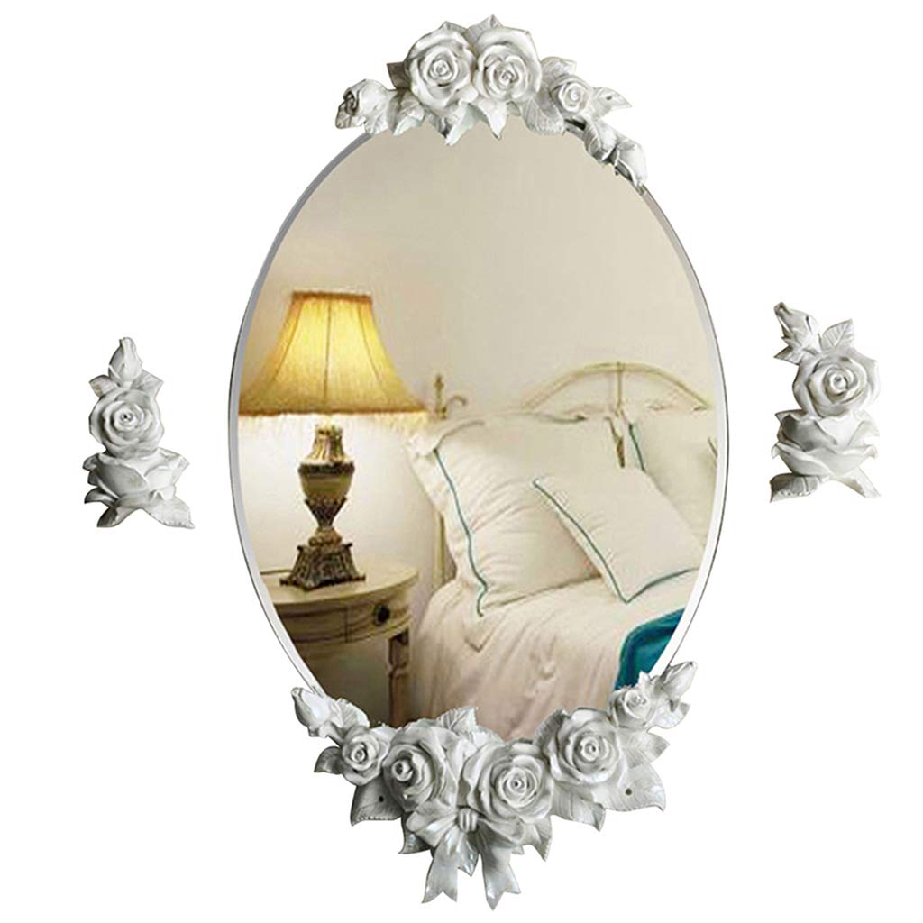 Premium Wall-Mounted Vanity Mirror - 41x71cm HD Glass Oval Makeup Mirror with Natural Resin Rose Holder, Frameless Beveled Edge for Bathroom, Bedroom & Living Room Decor - Perfect for Makeup Application, Home Decor & Space Illusion