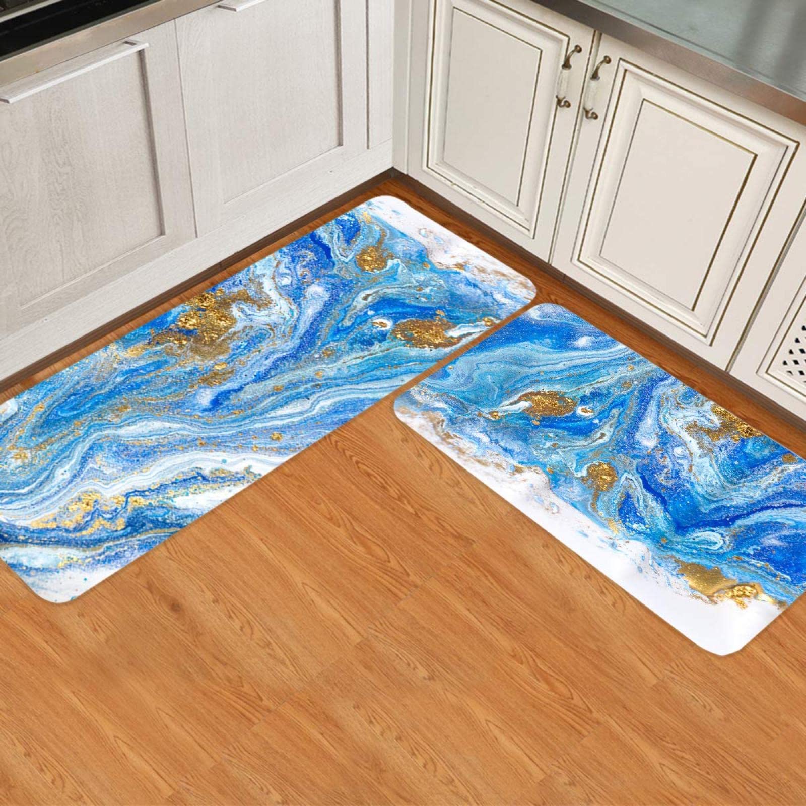 Non-Slip Kitchen Rug and Mat Set of 2 - Waterproof Marble Pattern Floor Mats with Rubber Backing, Washable Doormat Runner for Entryway, Kitchen, Bedroom (19.7