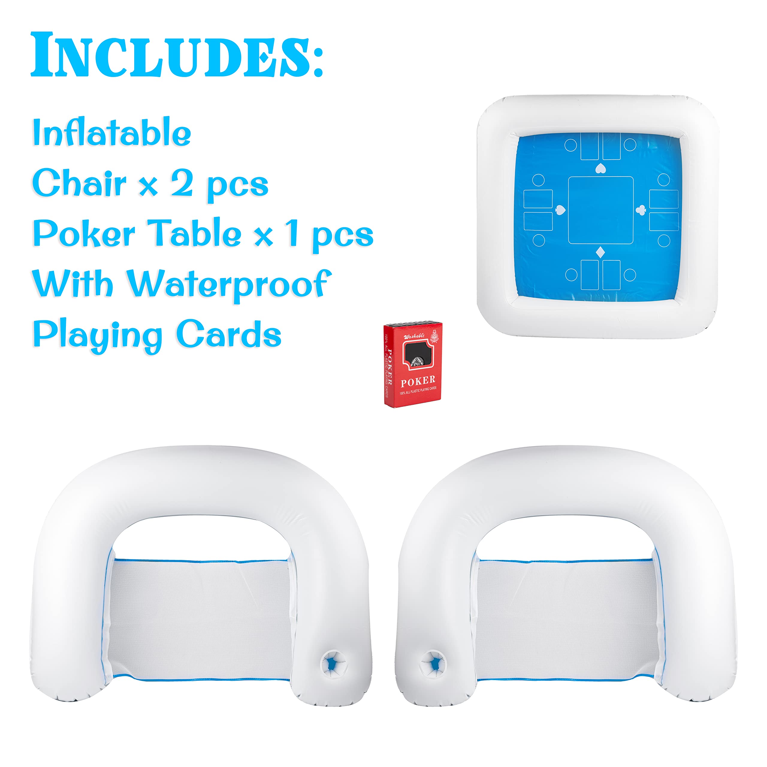 Inflatable Pool Table Game Set with Waterproof Playing Cards, Poker Deck & Chairs - Portable Card Table with Inflatable Seats for Beach, Pool Party & Backyard Water Fun | Outdoor Summer Entertainment for Adults & Kids