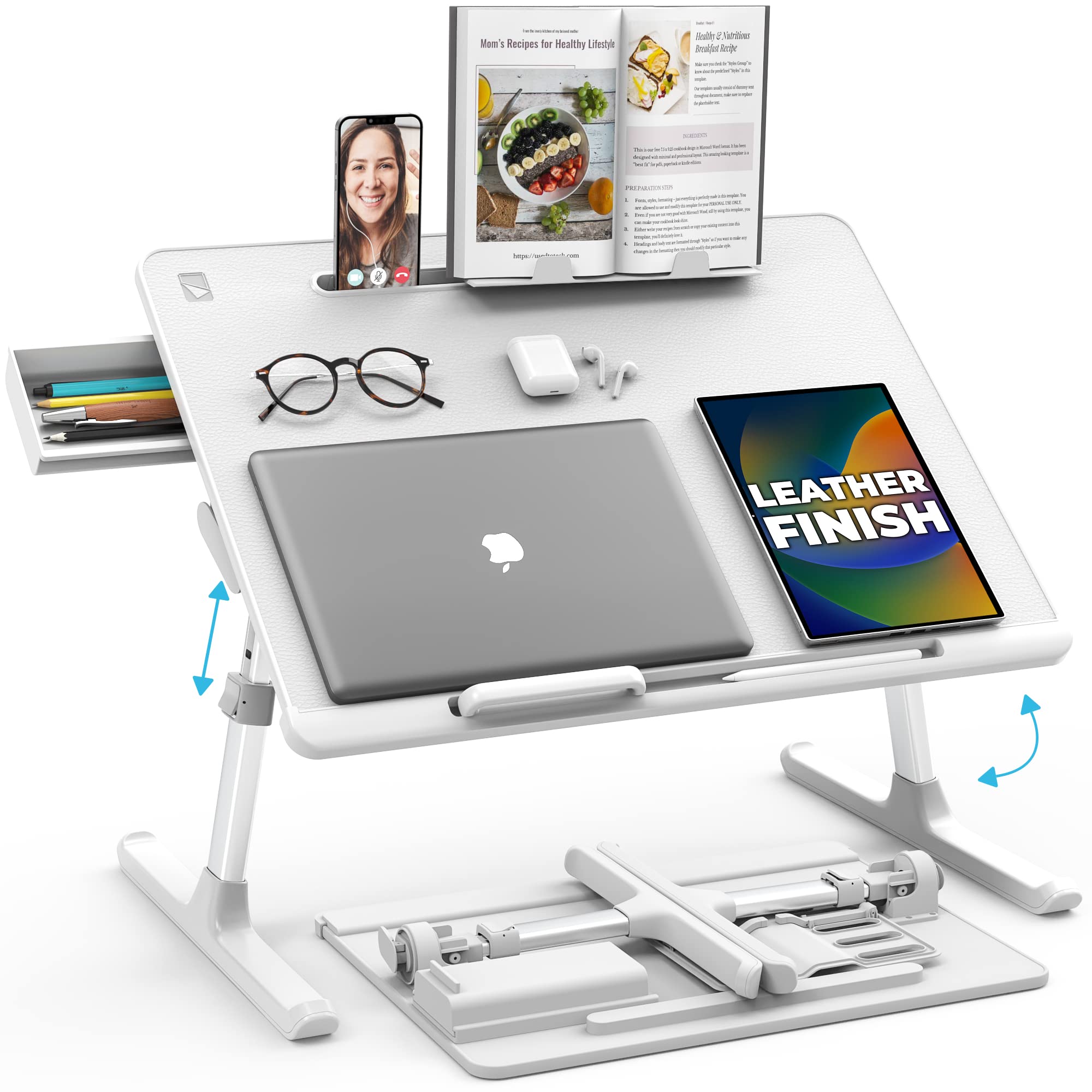 Premium Leather Adjustable Laptop Desk - Cooper Desk PRO | Ergonomic Height-Adjustable Bed & Floor Workstation for Home Office, Gaming, Reading & Writing | Portable Lap Stand (Pearl White)