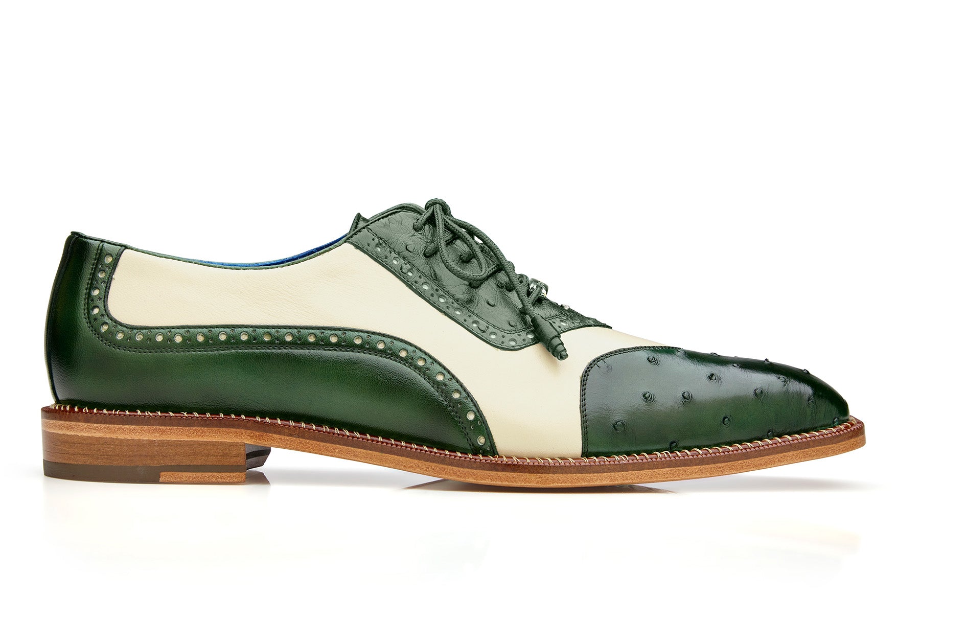 Belvedere Sesto Genuine Ostrich Quill & Italian Leather Wingtip Dress Shoes - Forest Green/Cream - Size R54 | Premium Men's Formal Shoes for Weddings, Business Meetings & Special Occasions